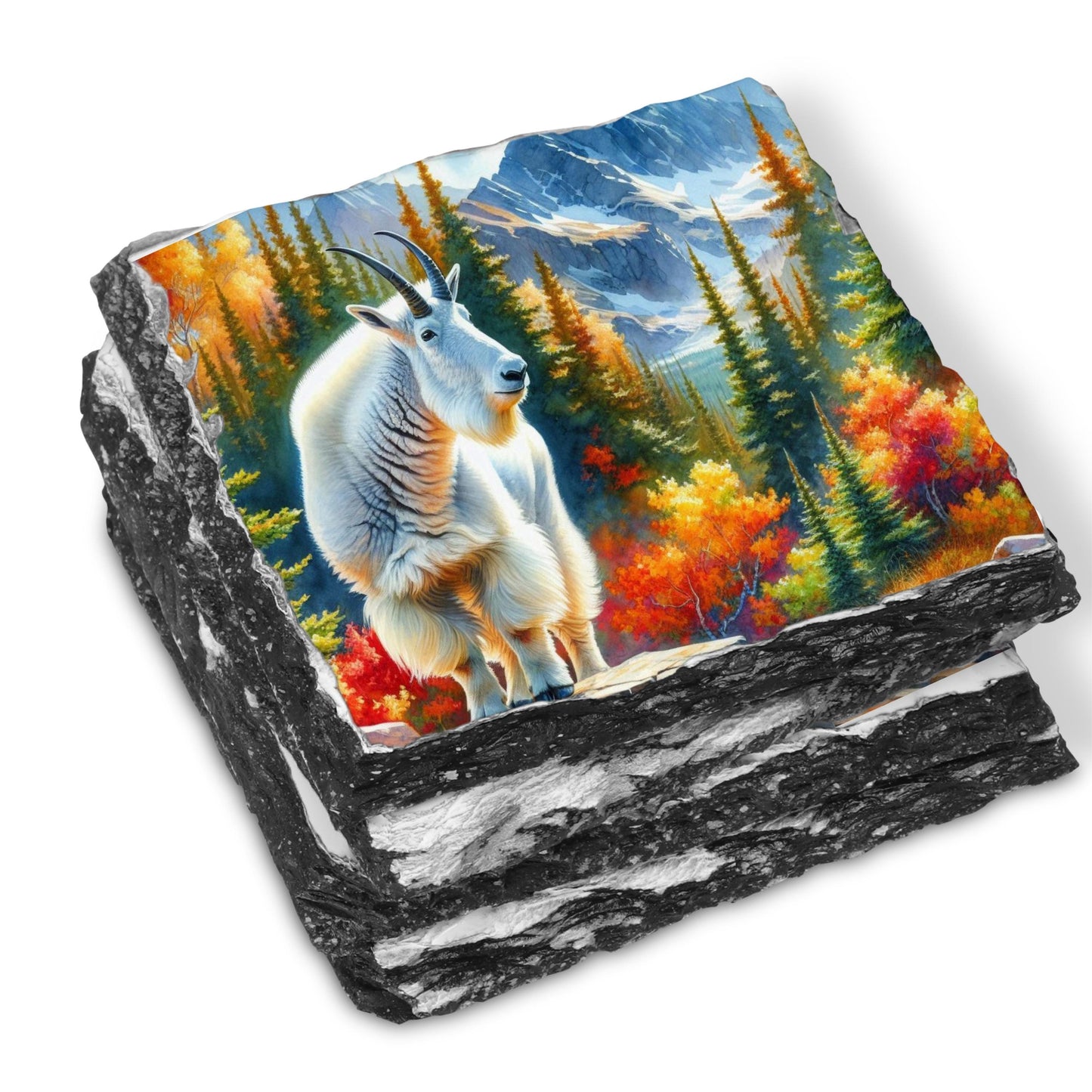Handcrafted Slate Coaster Set with Fall Mountain Goat Designs - Perfect Gift for Nature Lovers