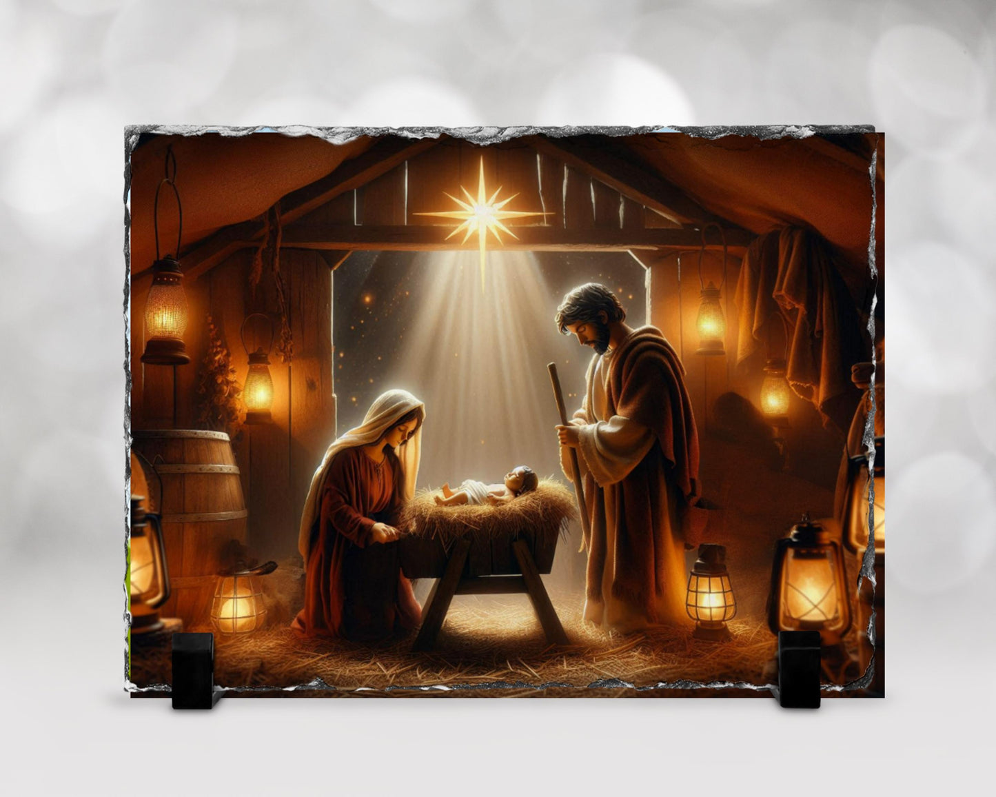 Religious Slate Wall Art - Mary  Jesus Nativity Scene with Fractured Edges - Unique Christmas Home Decor Gift