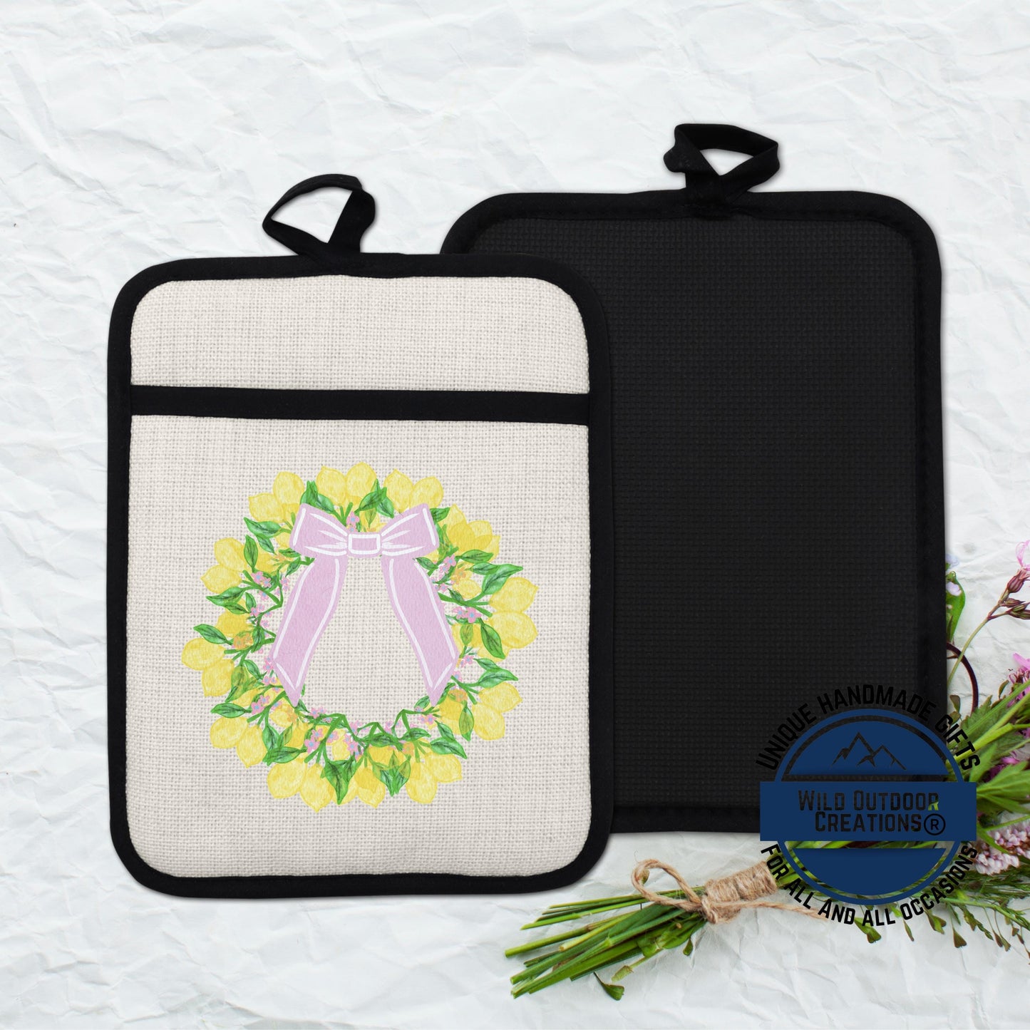 Lemon Wreath Pot Holder - Non Slip Potholder With Pocket | Floral Kitchen Gift - additional angle