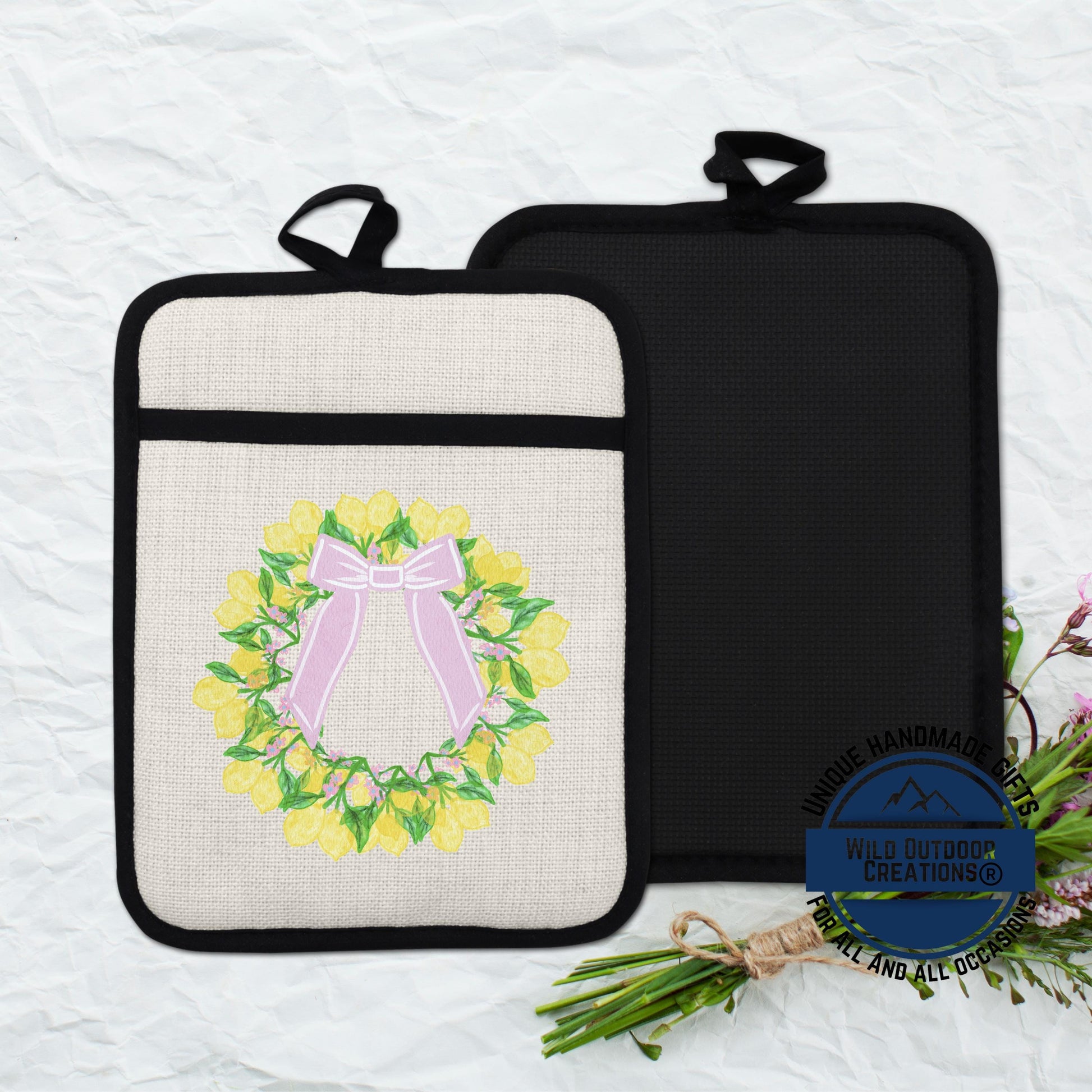 Lemon Wreath Pot Holder - Non Slip Potholder With Pocket | Floral Kitchen Gift - additional angle