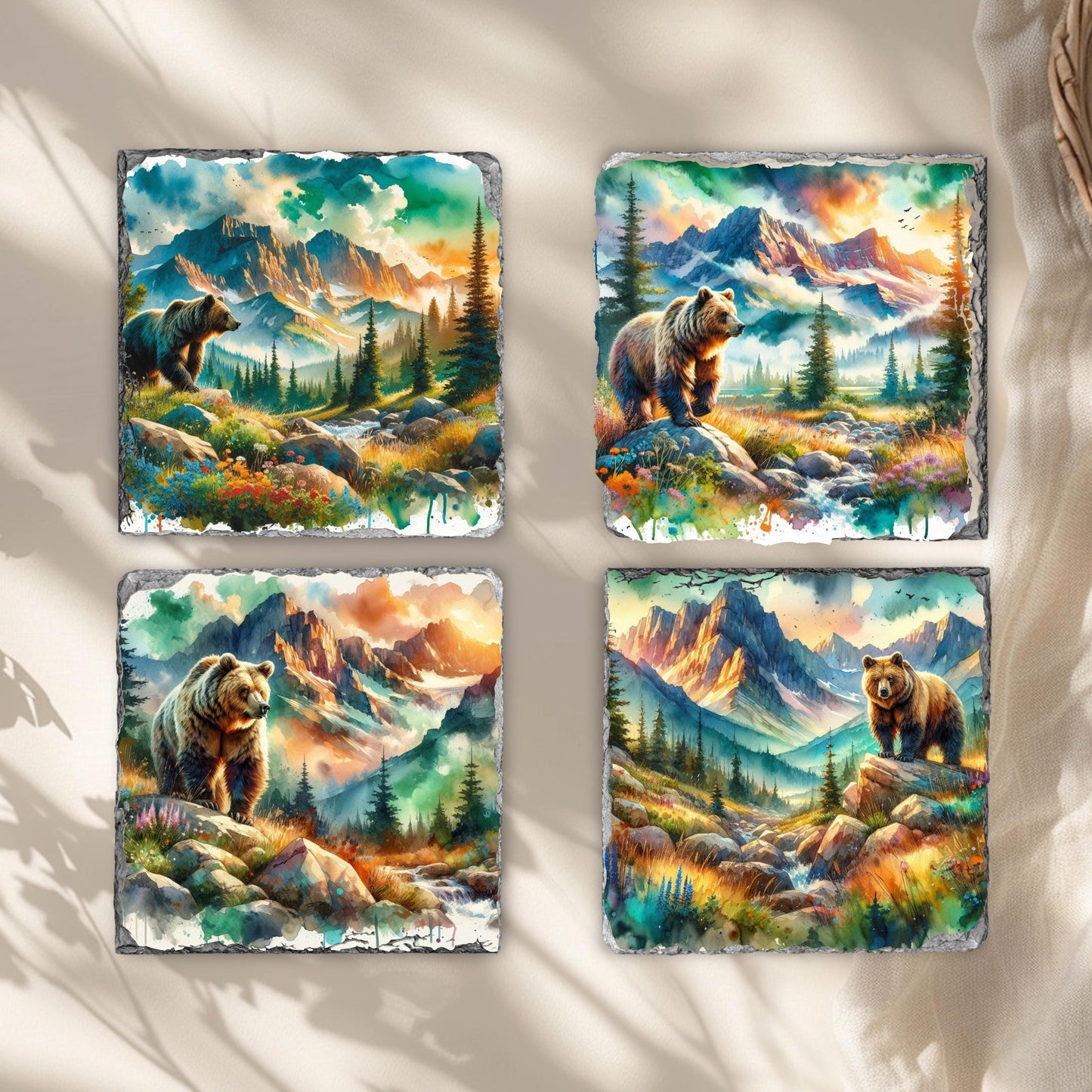 Brown Bear Mountain Watercolor Slate Coaster Set with Black Rack  Unique Nature Gift for Wildlife Enthusiasts