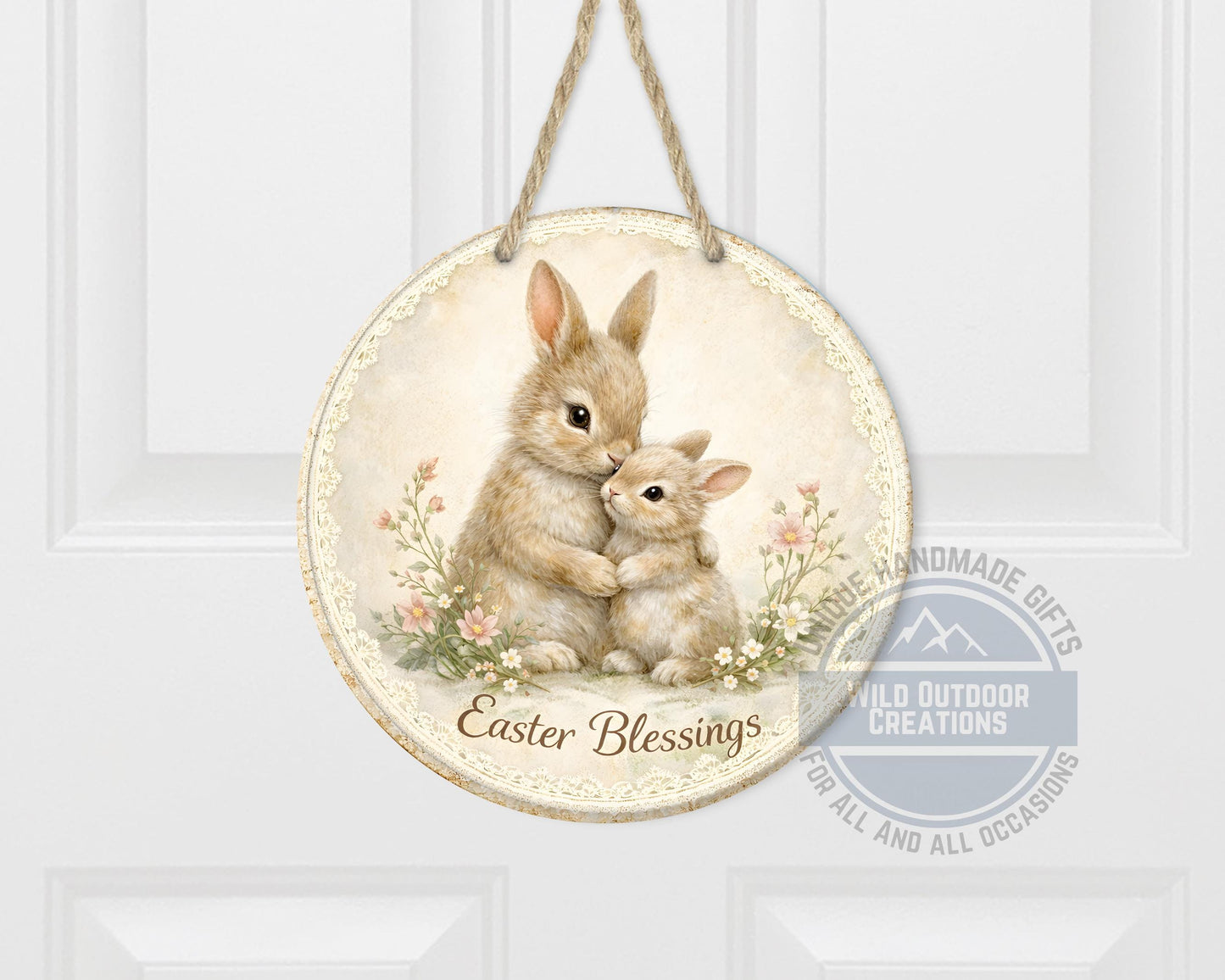 Spring Bunny Door Hanger – Floral Easter Sign | 10" Round Aluminum Decor