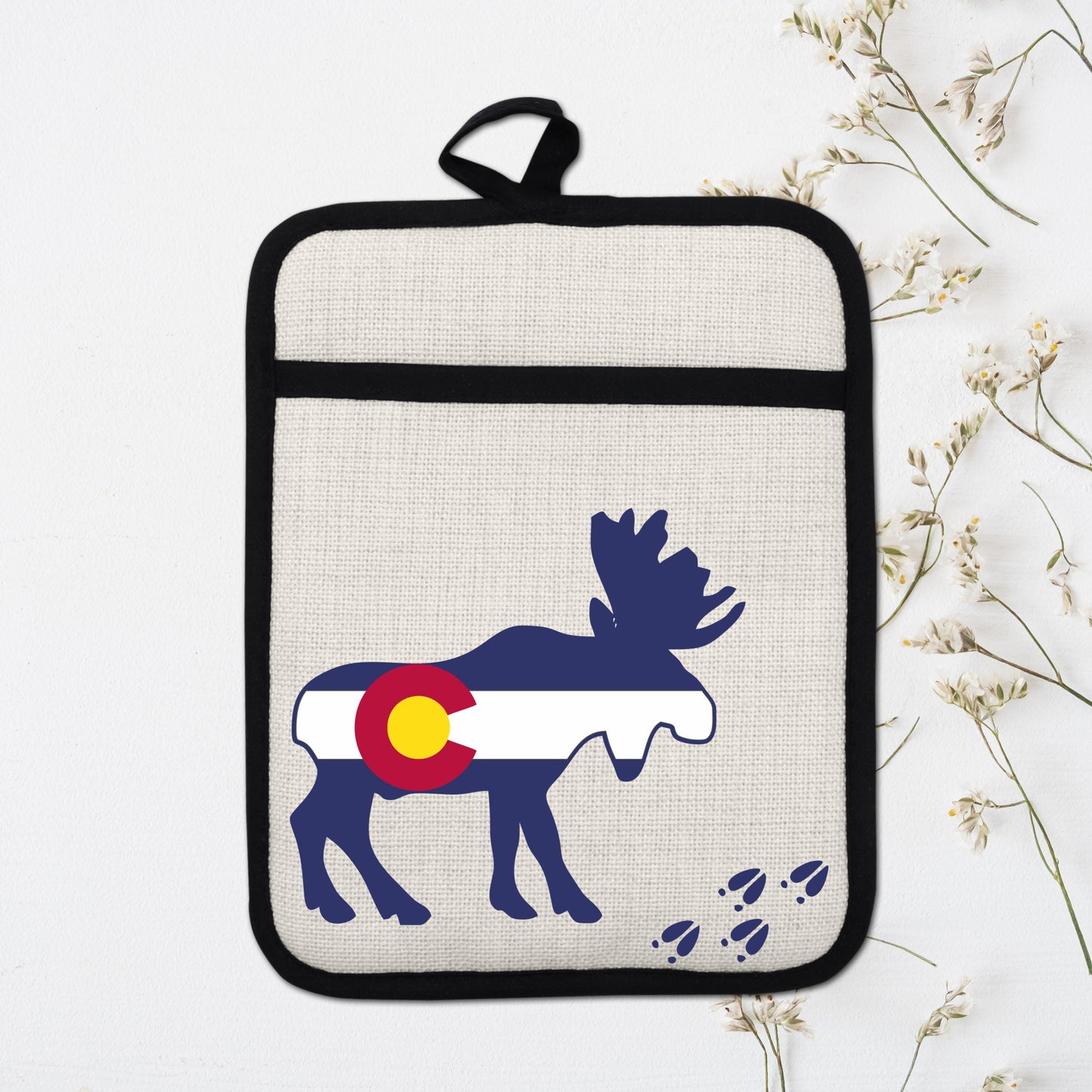 Colorado Moose Pot Holder - Heat Resistant Trivet with Silicone Back & Linen Fabric Front