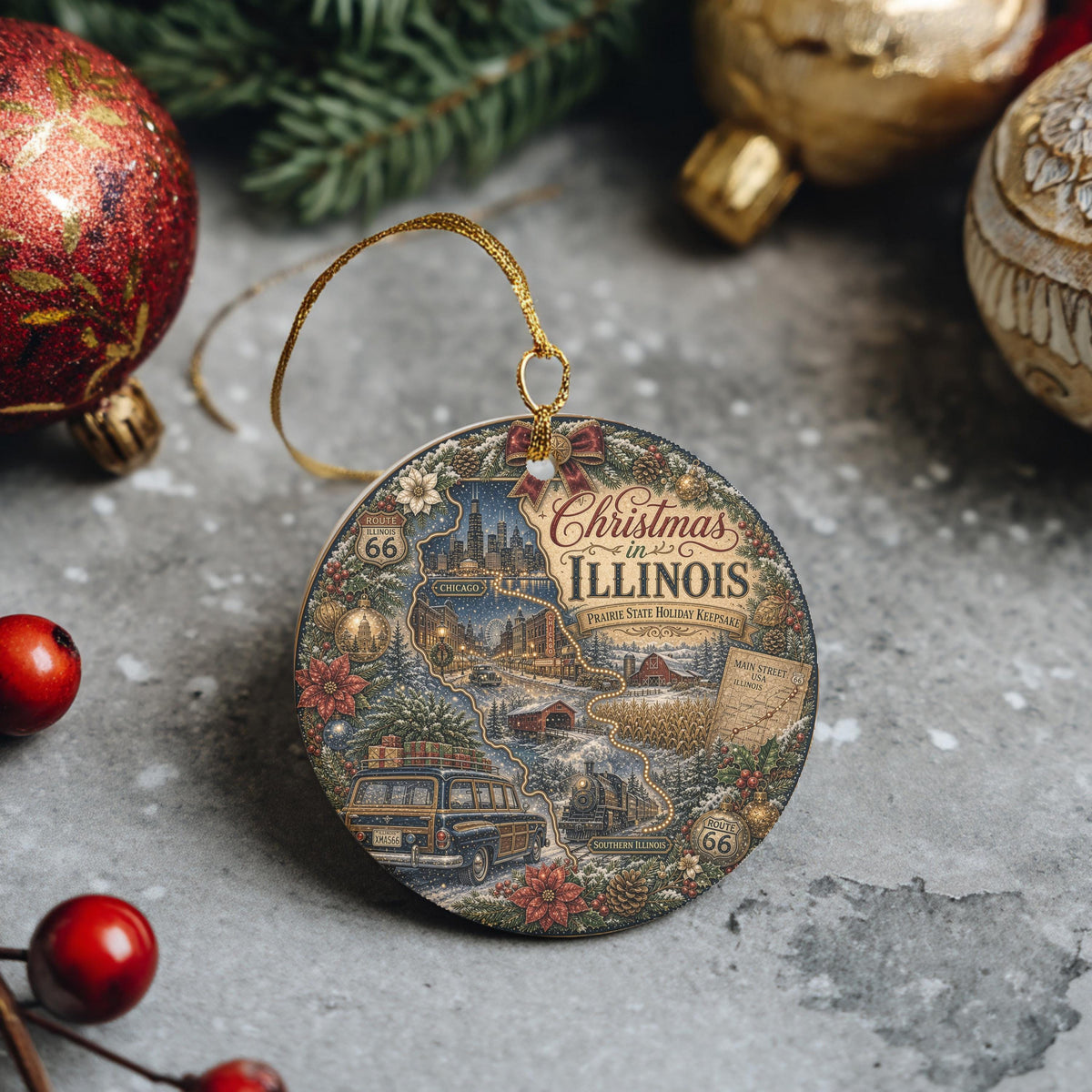 Illinois Christmas Ornament, Chicago Skyline Route 66 Keepsake