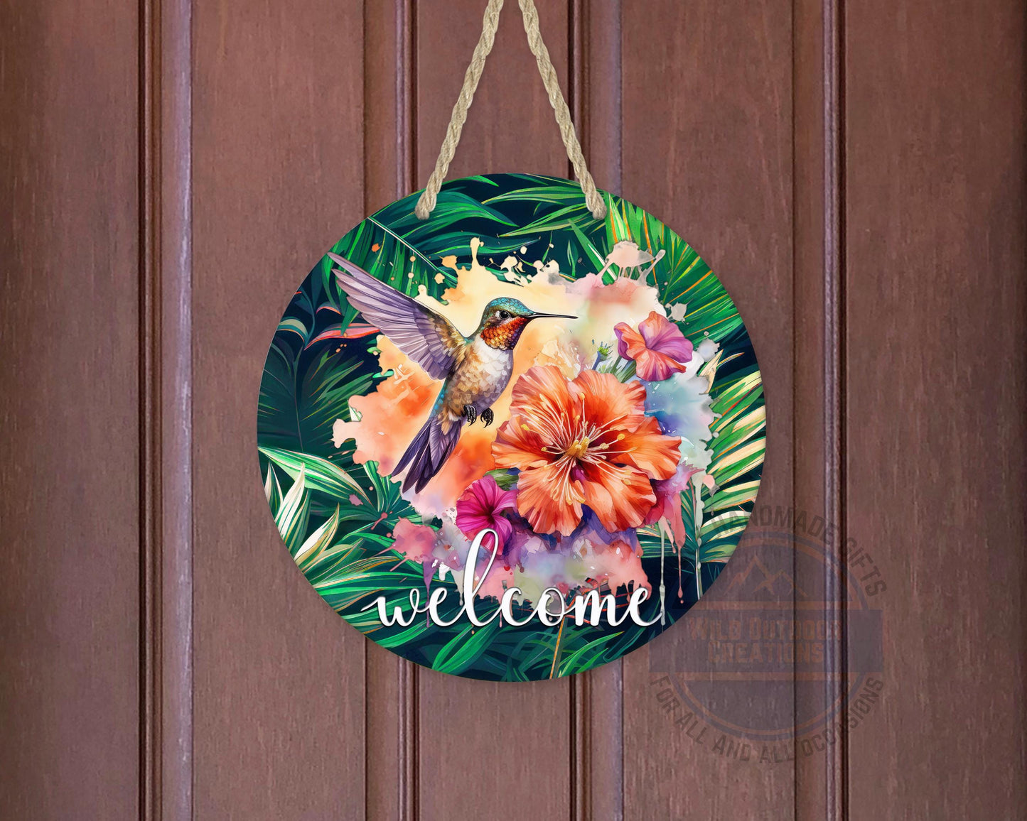 Tropical Hummingbird Door Hanger - Colorful Floral Welcome Sign with Fade Resistant Print