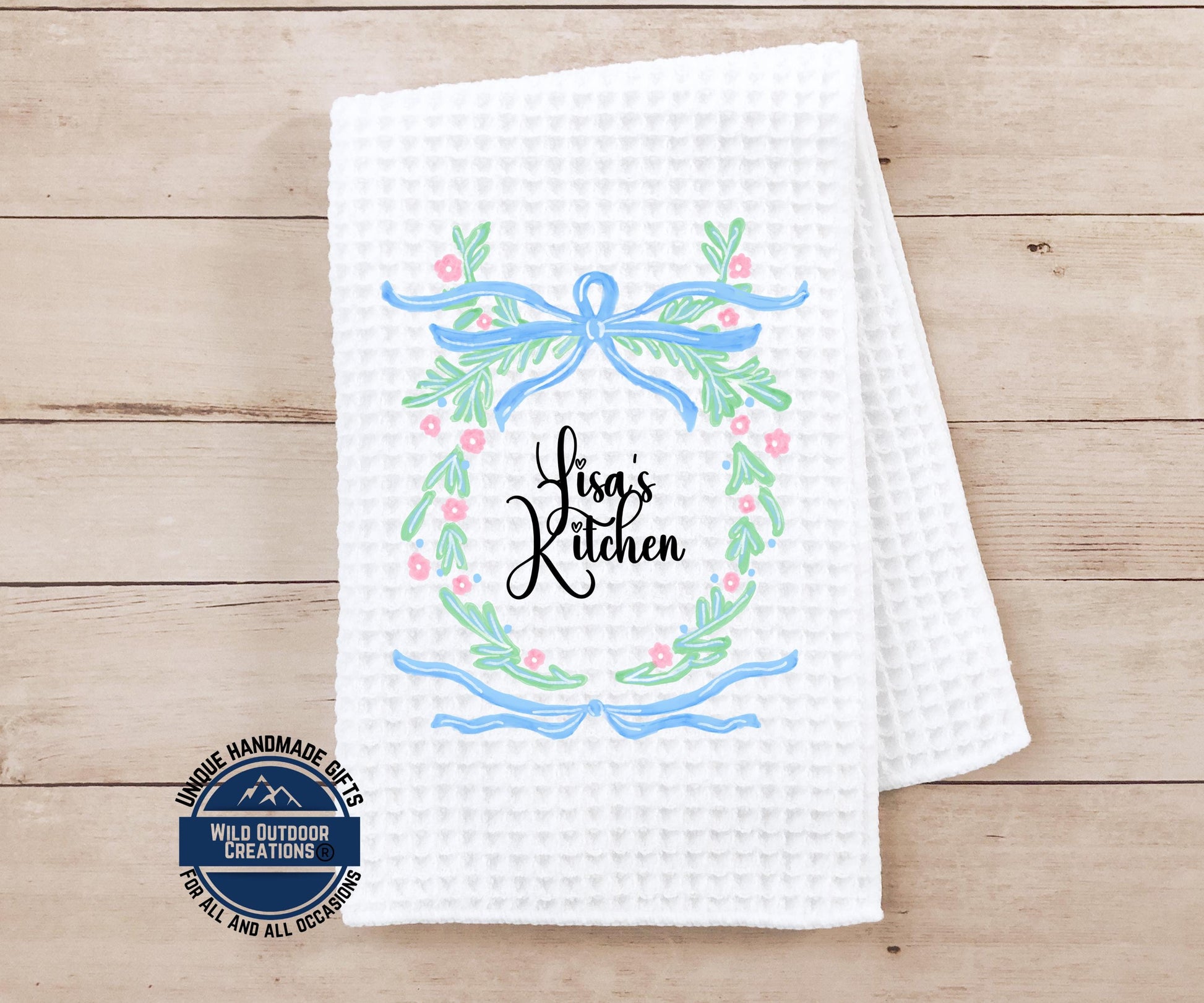 Personalized Kitchen Towel – Custom Name Floral Wreath Waffle Weave Gift - additional angle