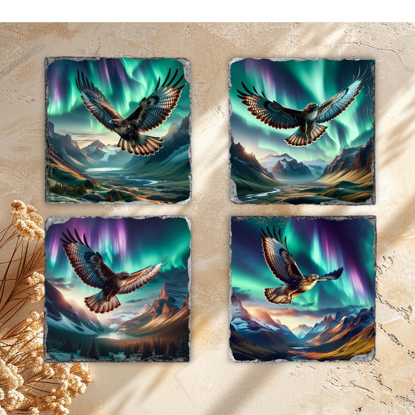 Slate Coaster Set with Unique Hawk  Northern Lights Designs - Perfect Gift for Outdoor Enthusiasts