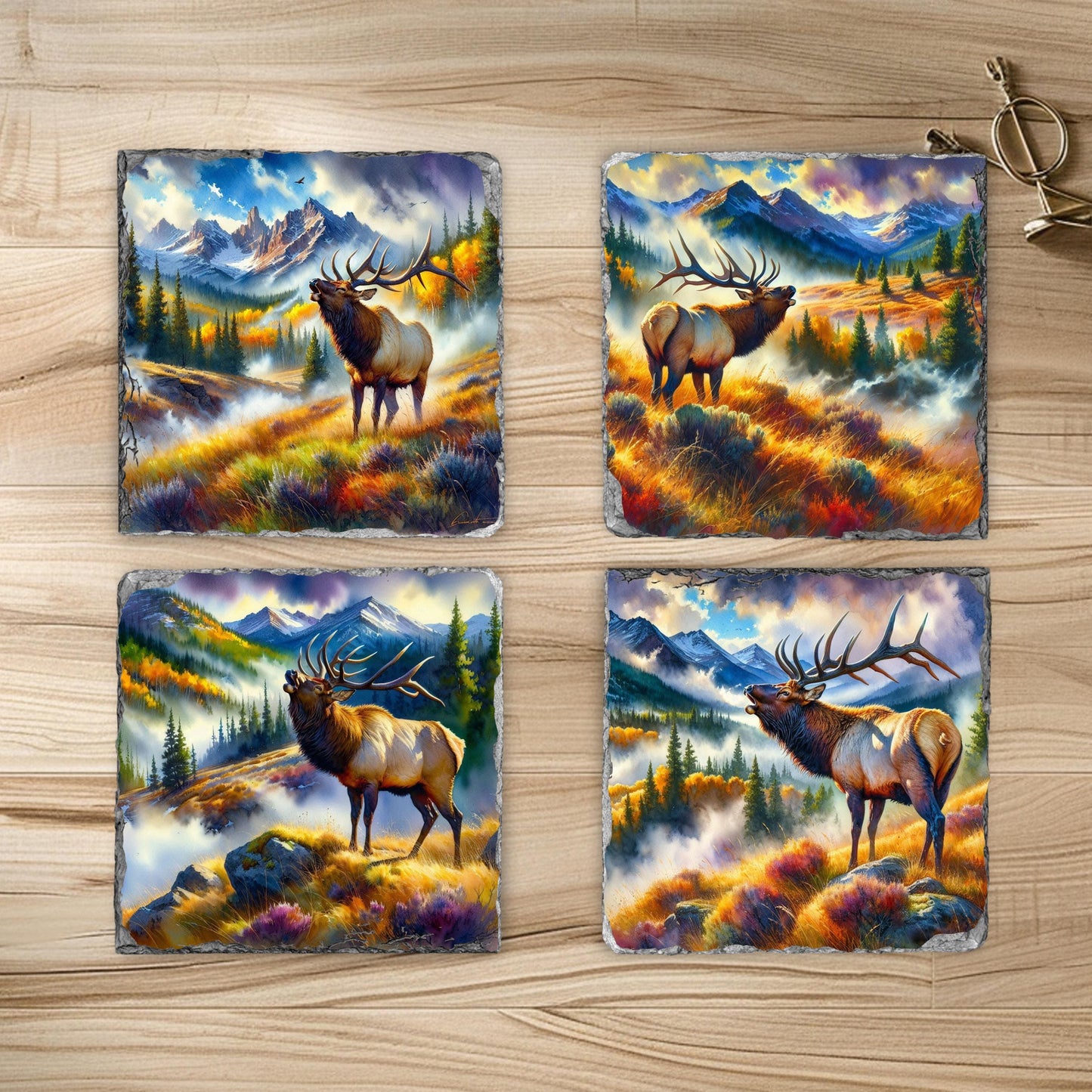 Elk Mountain Scene Slate Coaster Set with Watercolor Effect  Fractured Edges  Perfect Gift for Nature Lovers