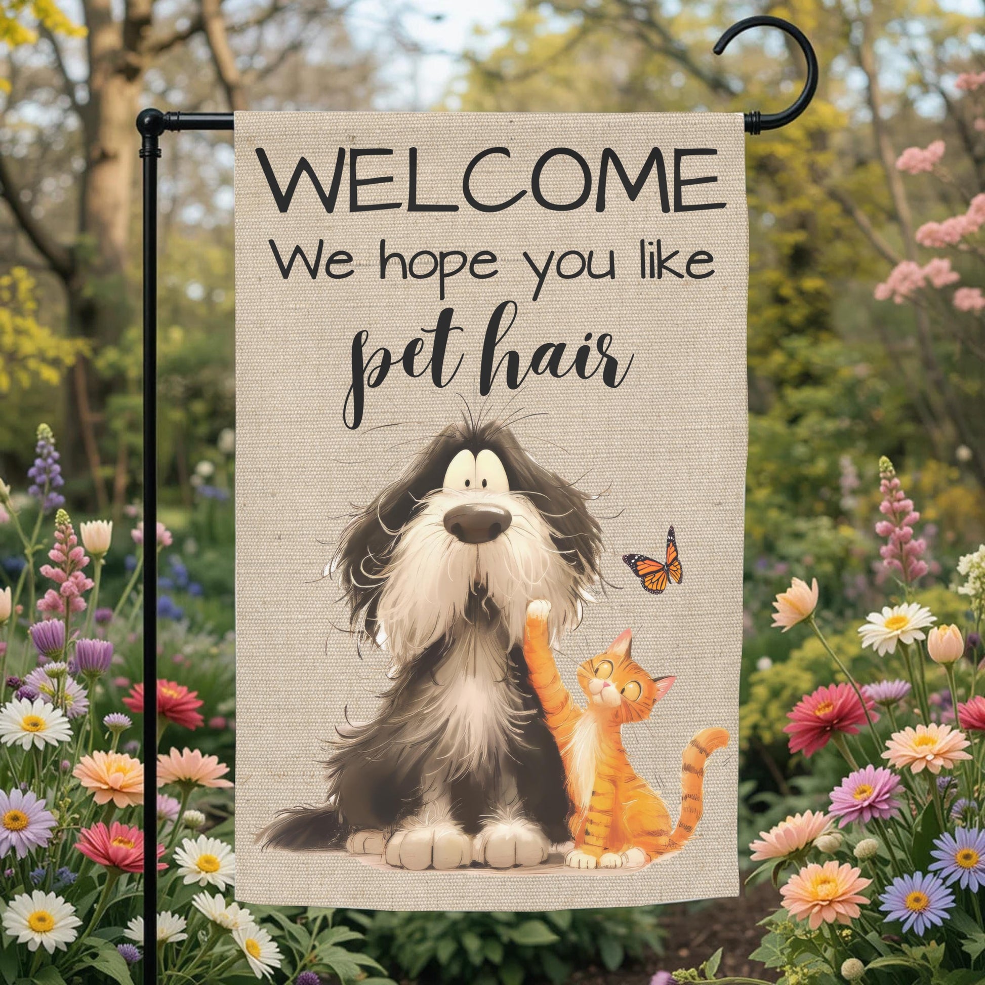 Pet Hair Garden Flag - Funny Welcome Dog And Cat Outdoor Decor 12x18 Sublimation - alternate view