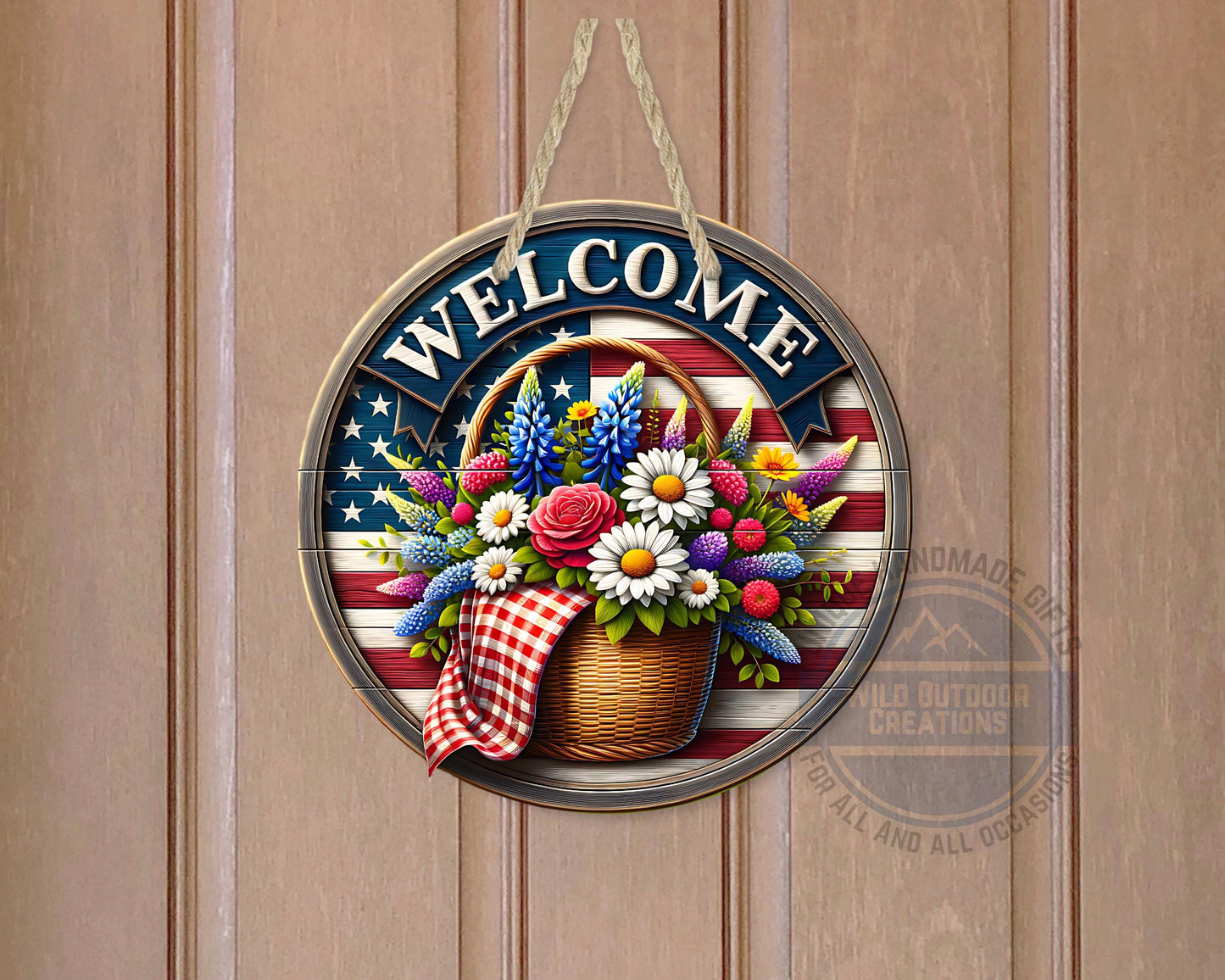 Patriotic Door Hanger - Aluminum Outdoor Sign With American Flag & Floral Basket