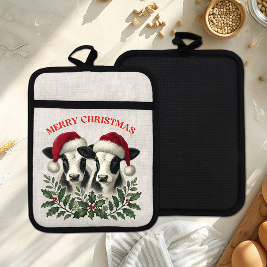 Christmas Cow Pot Holder with Santa Hats - Rustic Black  White Farmhouse Kitchen Decor