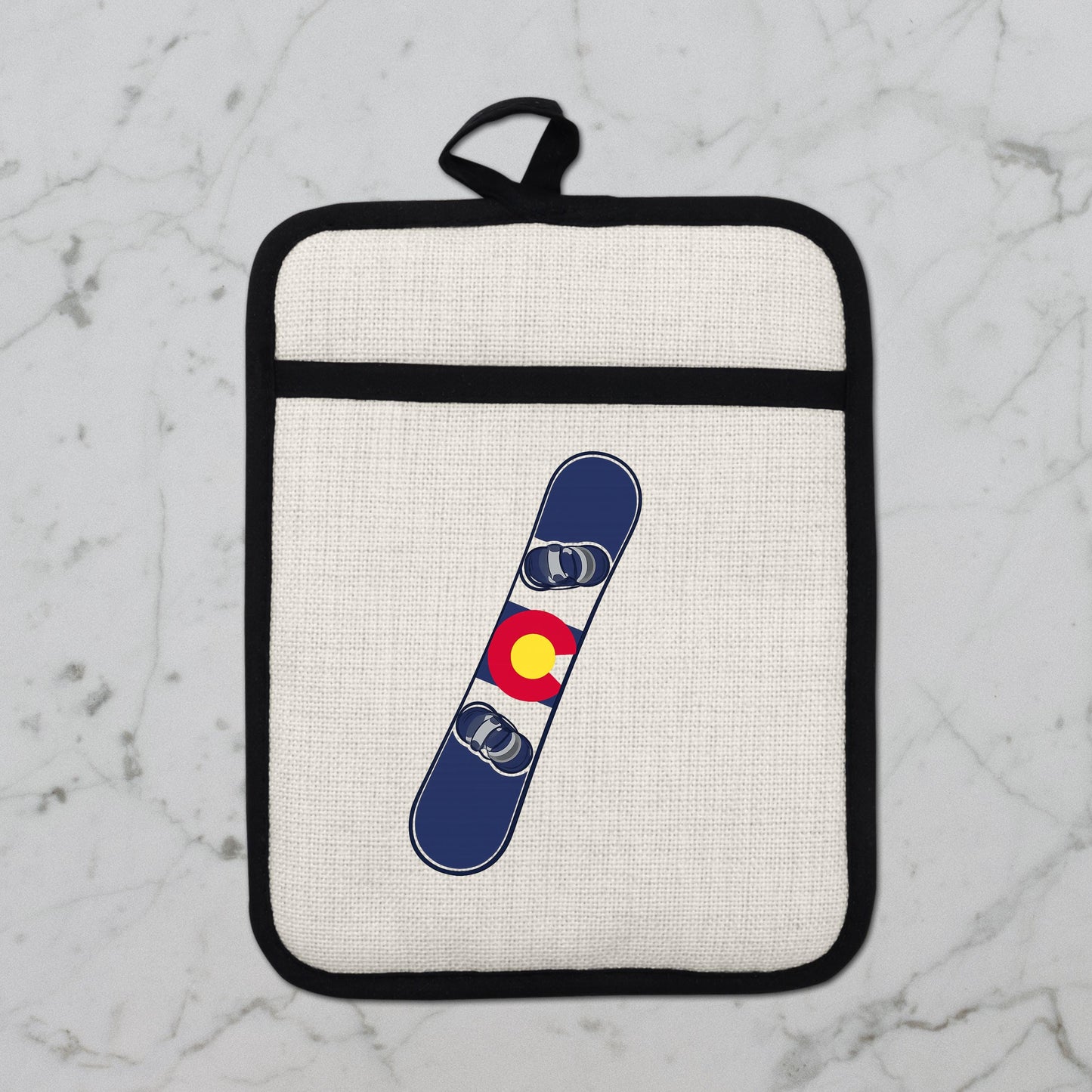Snowboard Pot Holder - Colorado Flag Design | Linen Fabric & Silicone Backing Pad Trivet