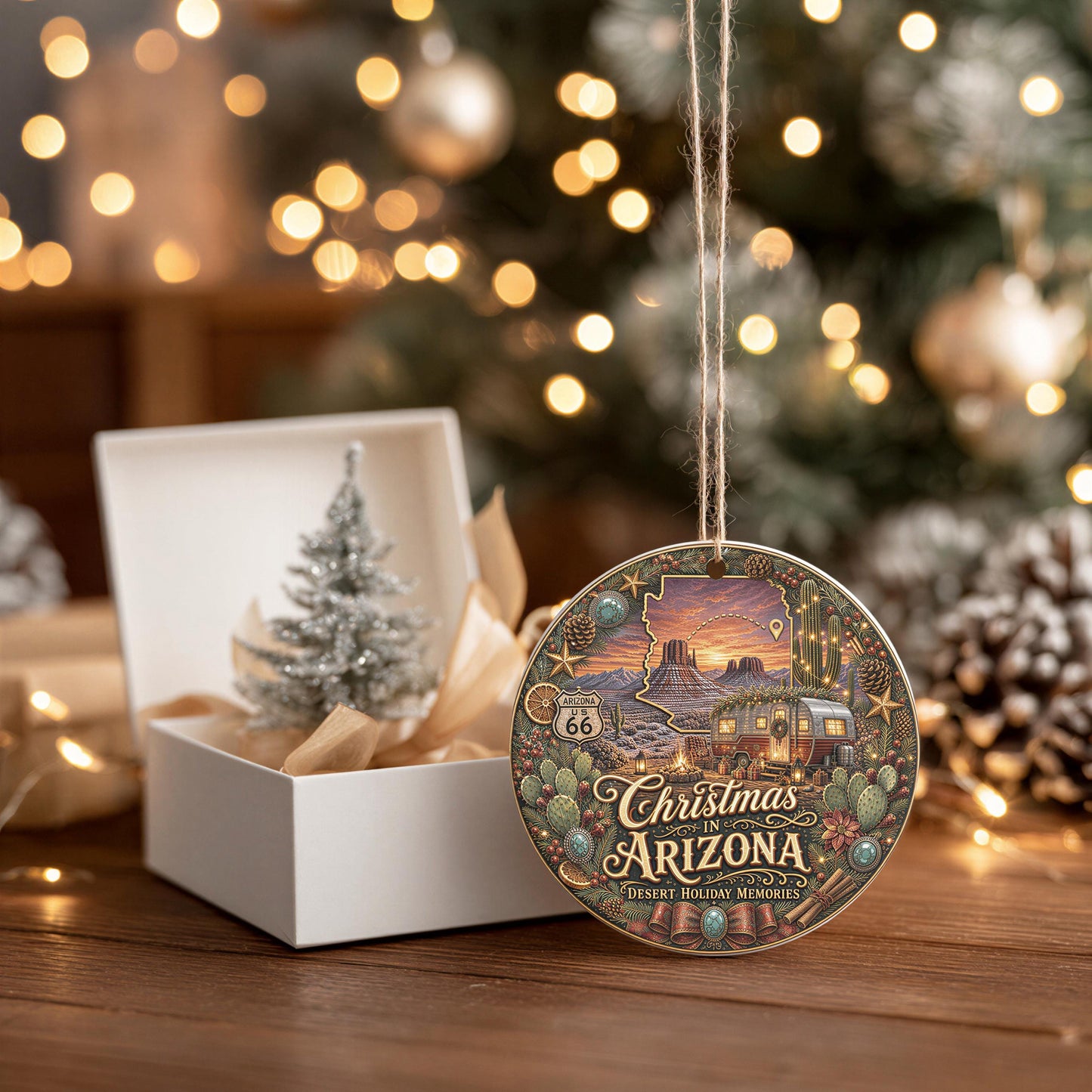 Arizona Christmas Ornament | Ceramic Keepsake | Desert Sunset Camper