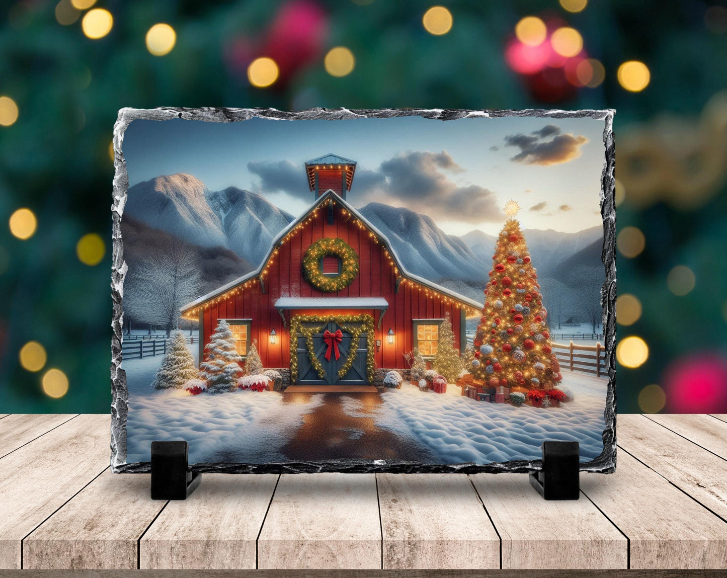 Rustic Slate Wall Art - Snowy Barn and Tree Farmhouse Christmas Decor Gift
