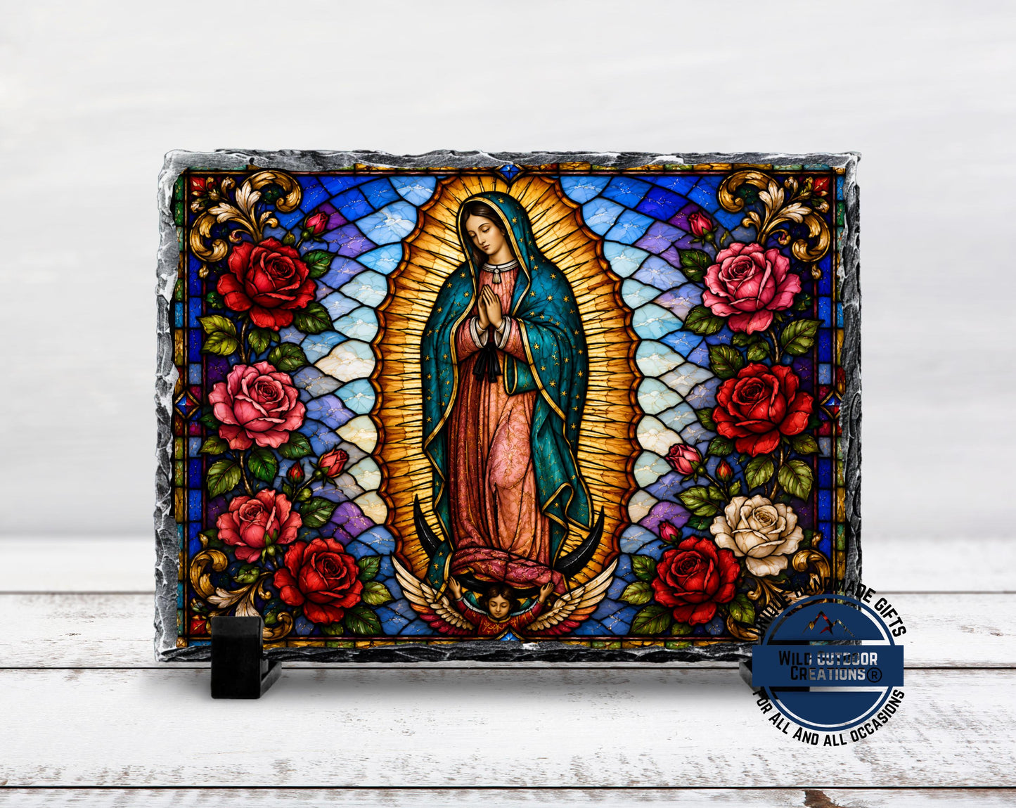 Our Lady of Guadalupe Faux Stained Glass Slate Plaque, Virgen Maria Catholic Gift