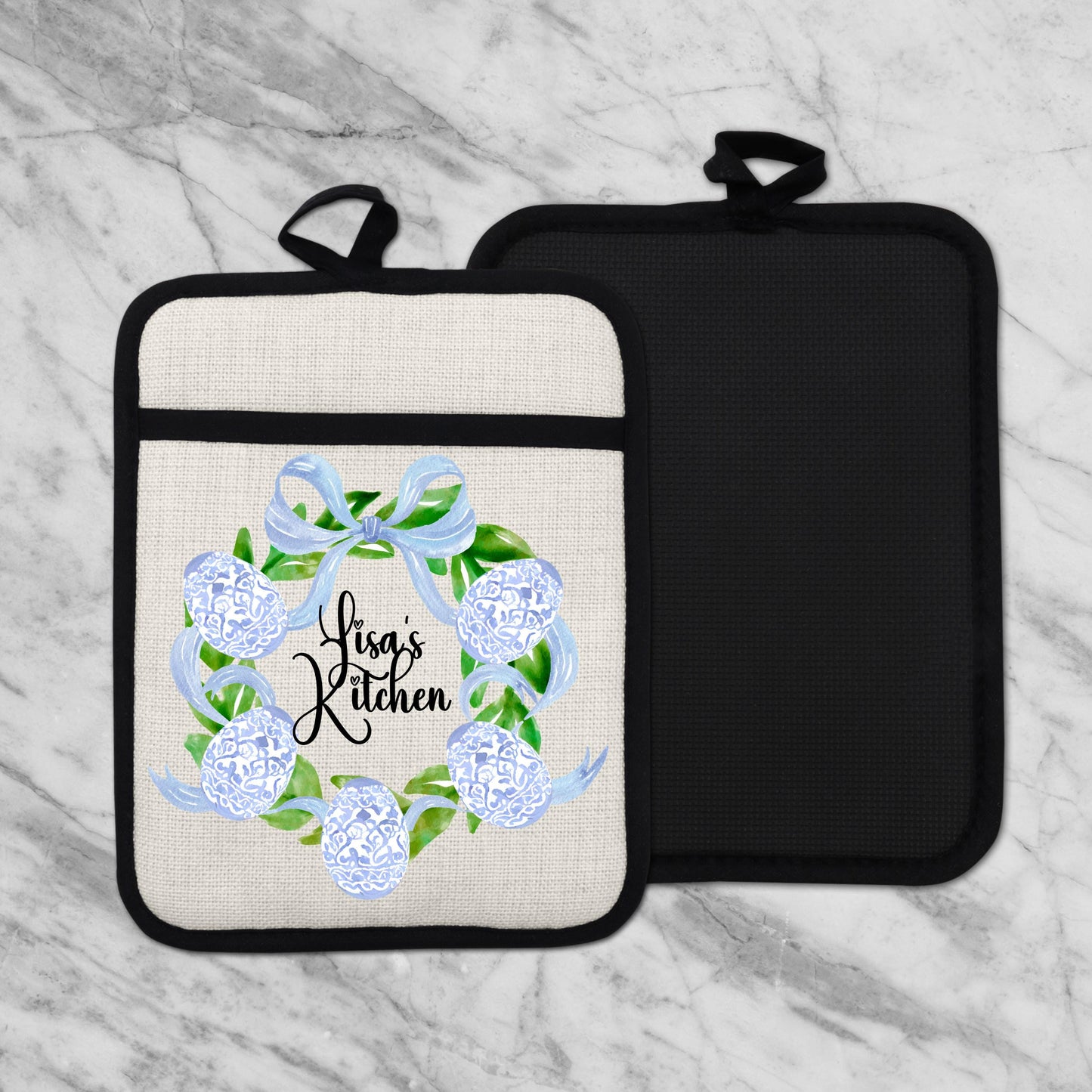 Personalized Easter Wreath | Non-Slip Pot Holder, Blue & White Chinoiserie Style Decor Gift - additional product photo 11