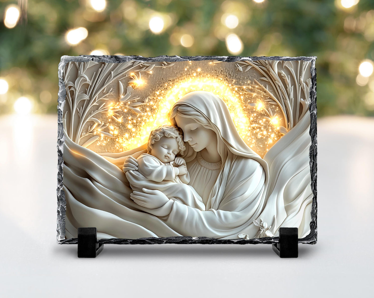 3D Mary and Baby Jesus Slate Plaque - with Fractured Edges  Gold Accents