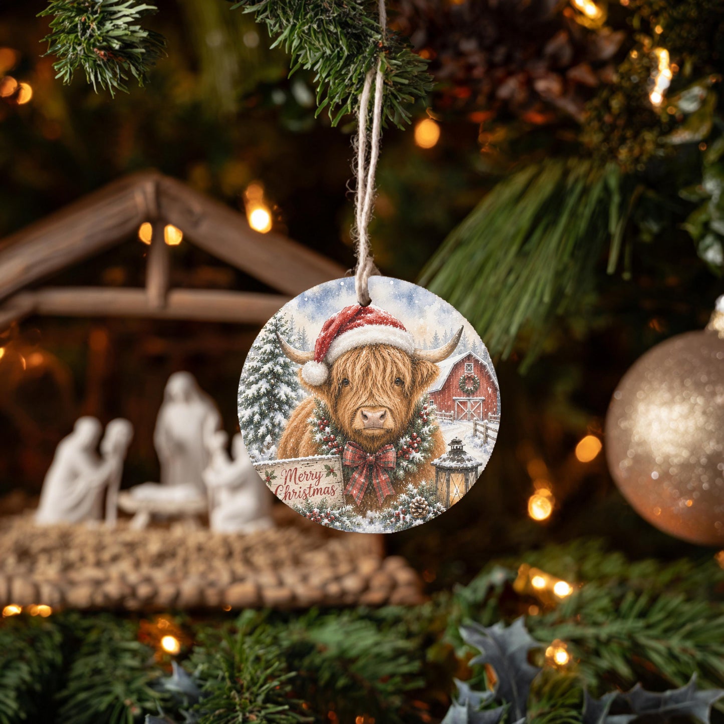 Highland Cow Ornament, Round Ceramic, 3 Inch Winter Barn Scene