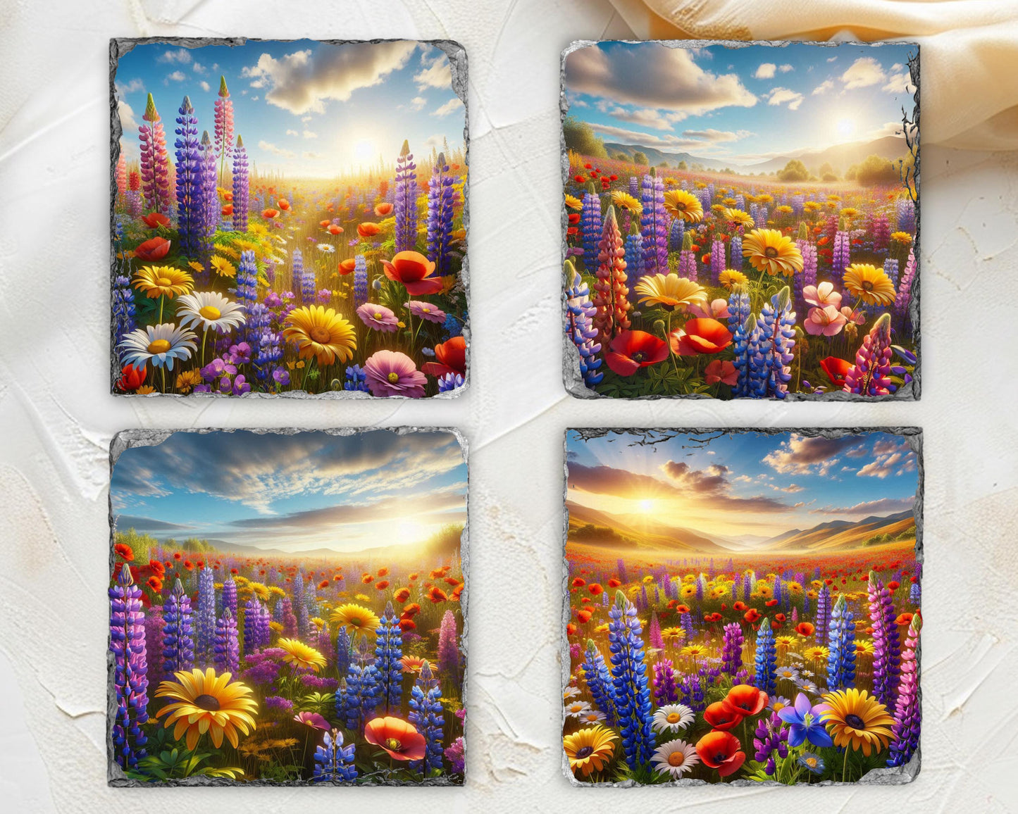 Rustic Sunset Slate Coaster Set - Wildflower Valley Gift for Her