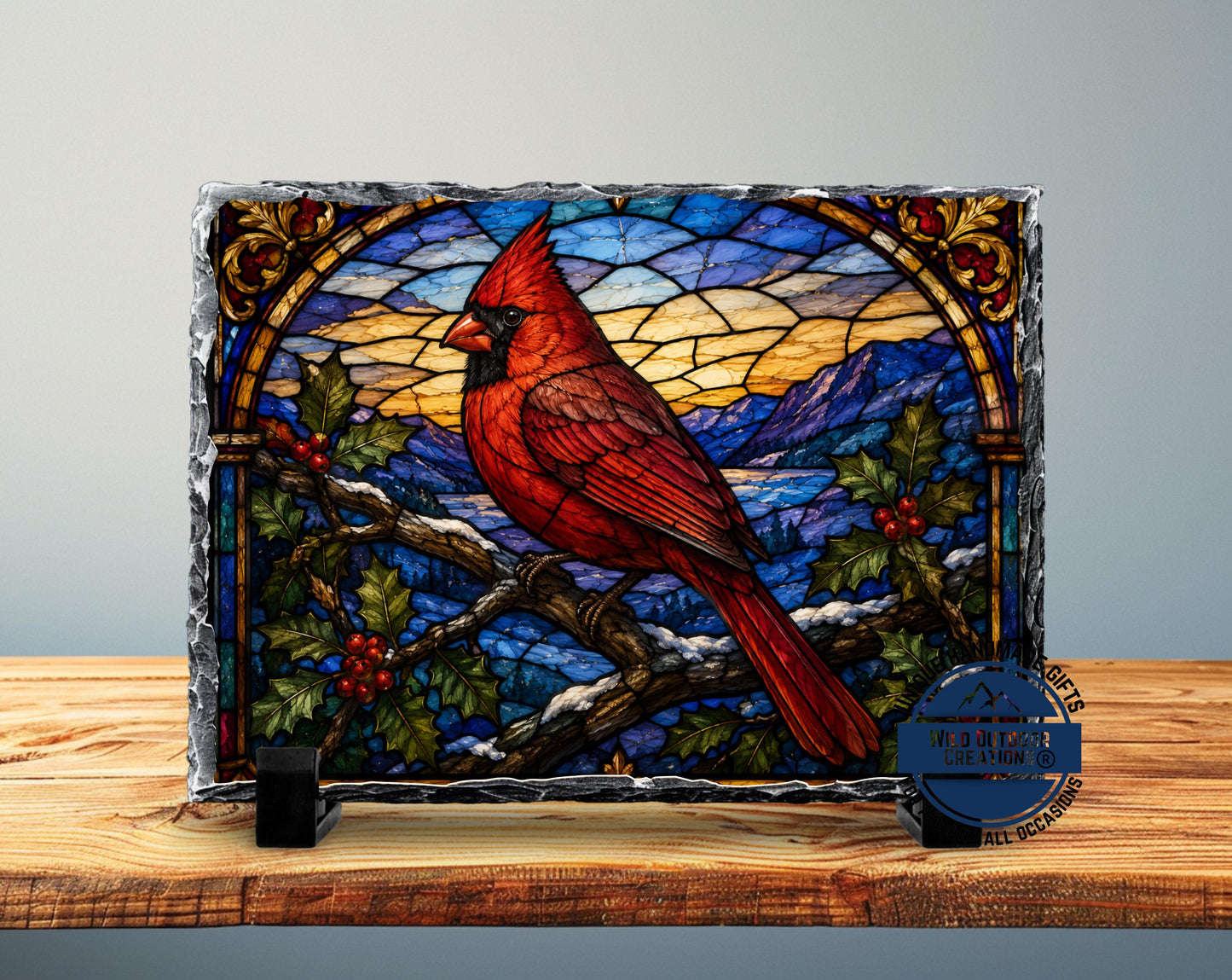Red Cardinal Faux Stained Glass Slate Plaque, Memorial Bird Decor, Christmas Sympathy Gift