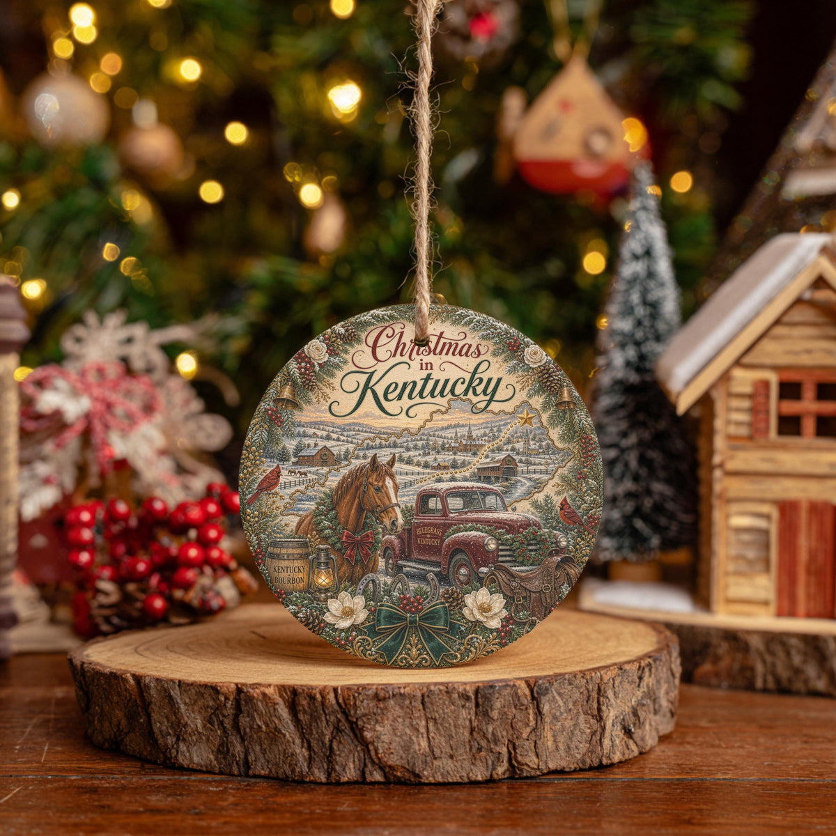Kentucky Christmas Ornament, Bluegrass Horse Farm Ceramic Round