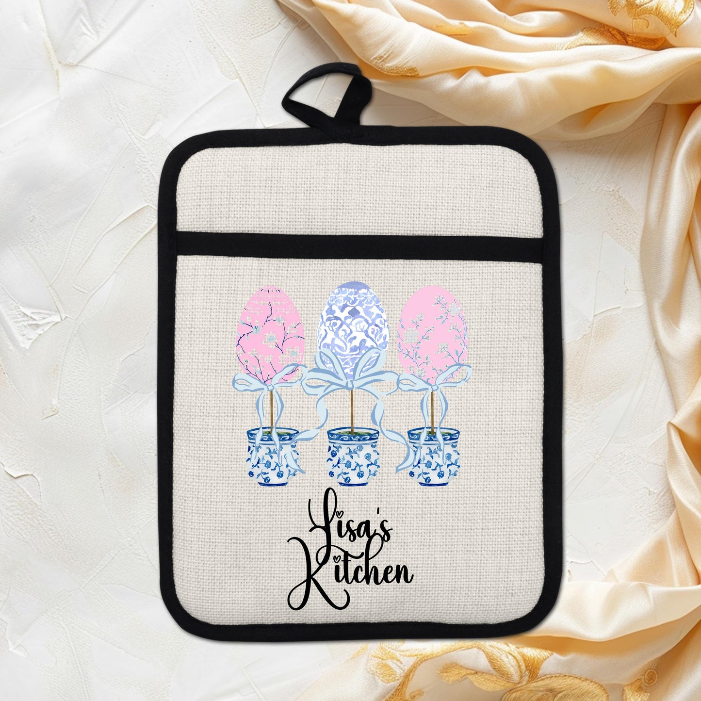 Personalized Easter Pot Holder – Custom Linen Kitchen Gift with Chinoiserie Eggs - additional angle