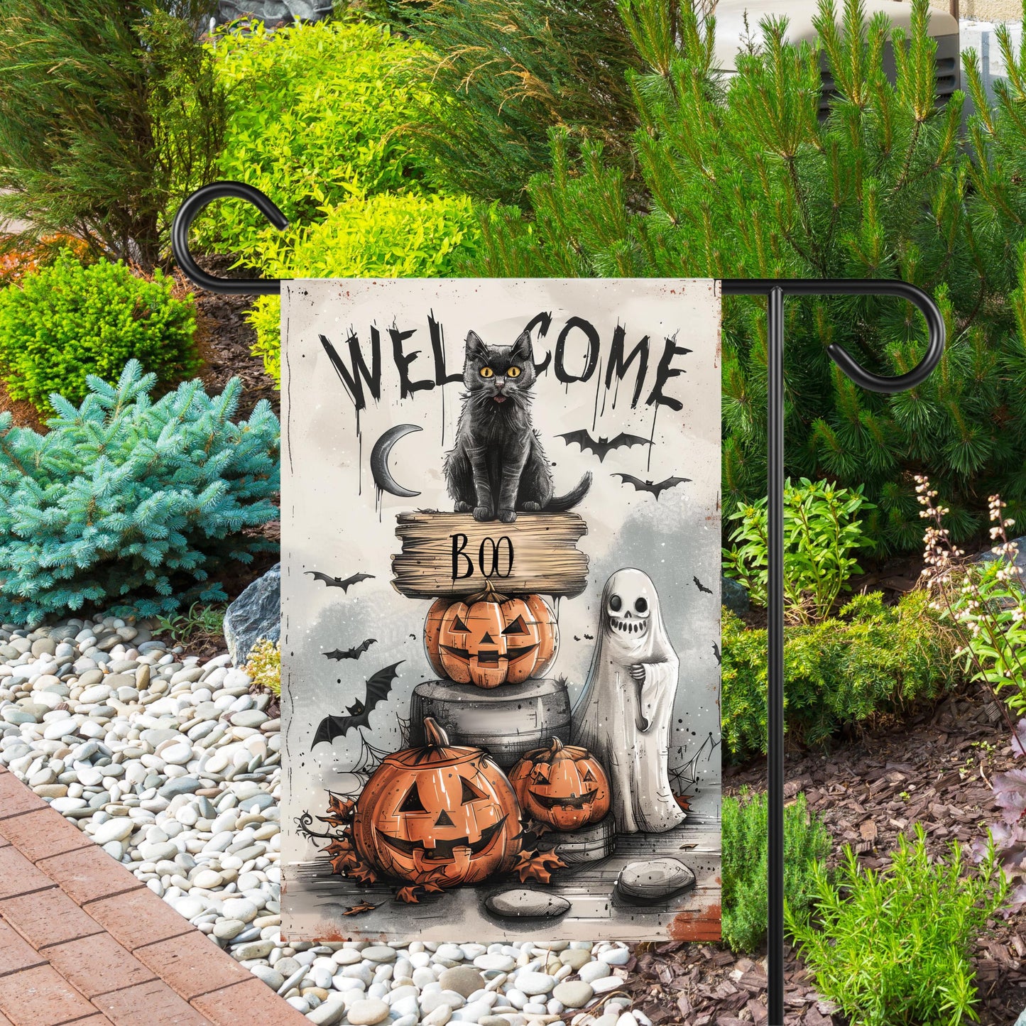 Spooky Halloween Garden Flag - Black Cat Ghosts  Bats Design  12x18 Inch Outdoor Decor