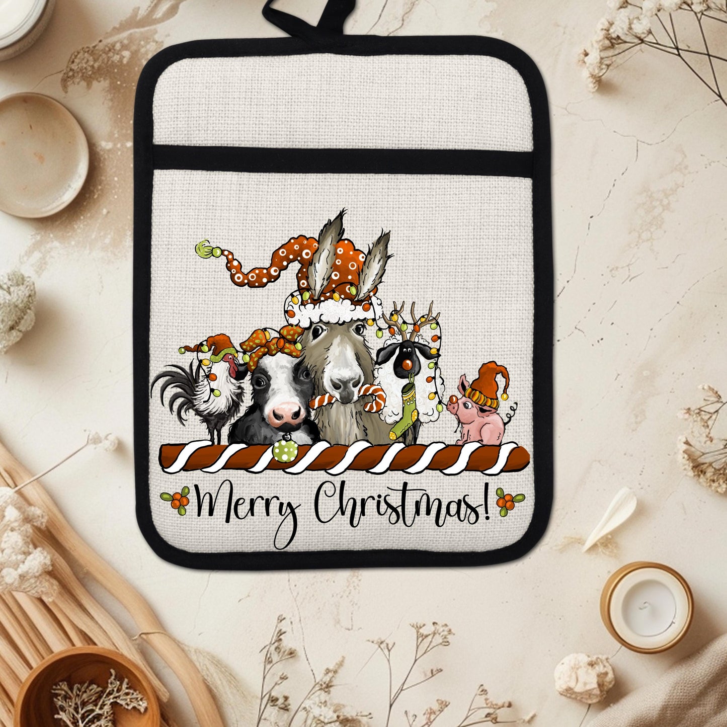 Farm Animal Christmas Pot Holder  Funny Holiday Kitchen Decor with Chicken Cow Llama Pig  Sheep Design