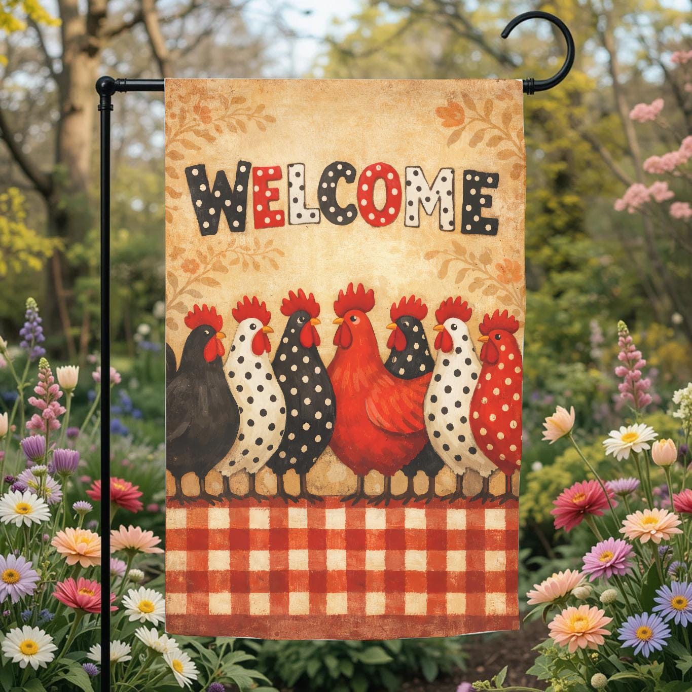 Welcome Chicken Garden Flag – Farmhouse Porch Decor With Rooster Yard Design - displayed in garden