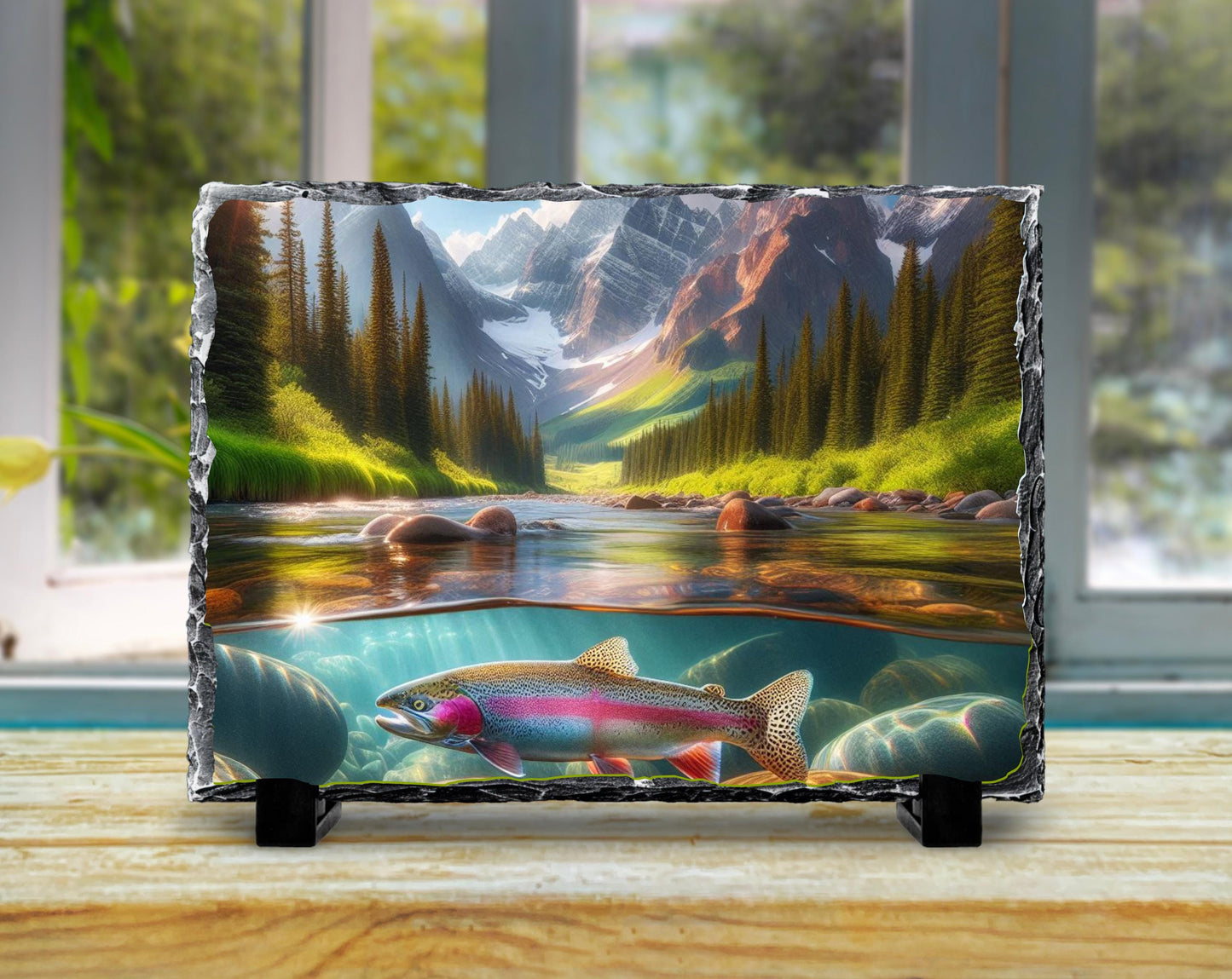 Nature-Inspired Slate Art featuring Rainbow Trout  Rustic Mountain Stream Wall Decor for Outdoor Enthusiasts