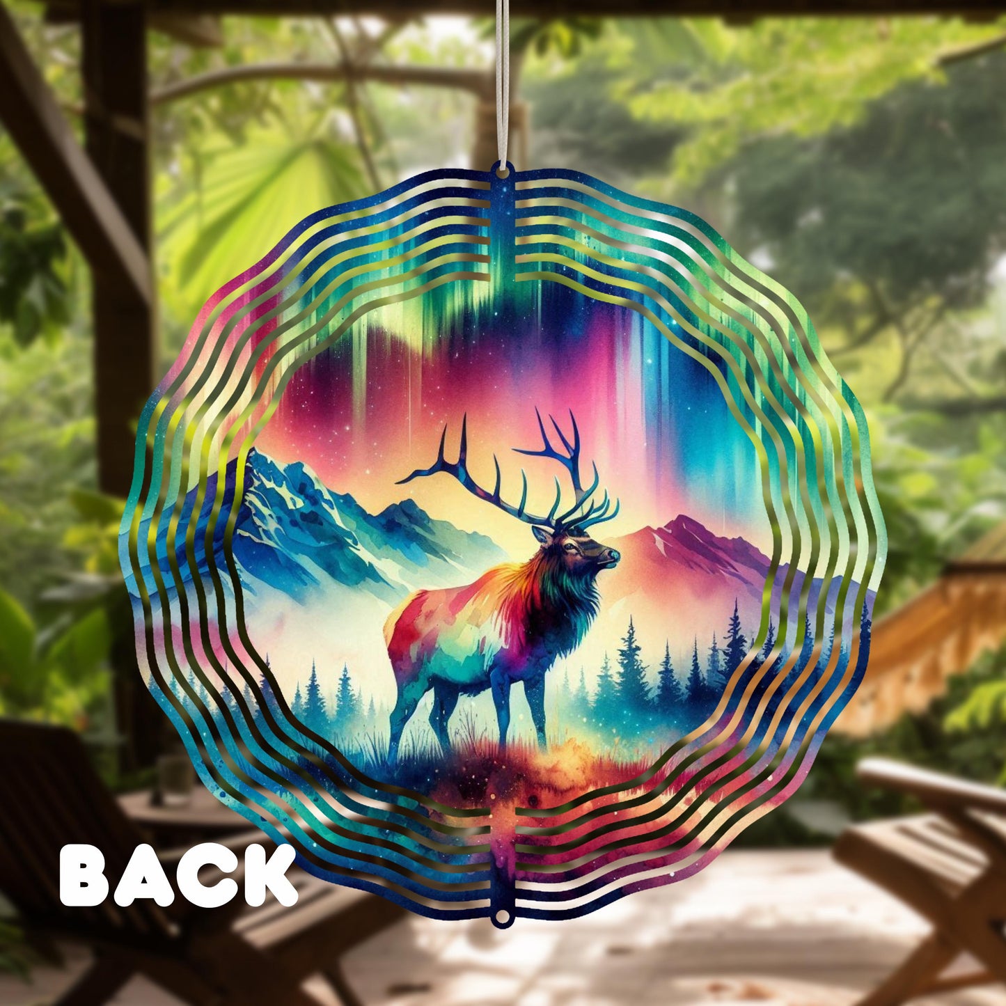 Elk Mountain Valley Wind Spinner - 10x10 Double-Sided UV Outdoor Art with Watercolor Northern Lights
