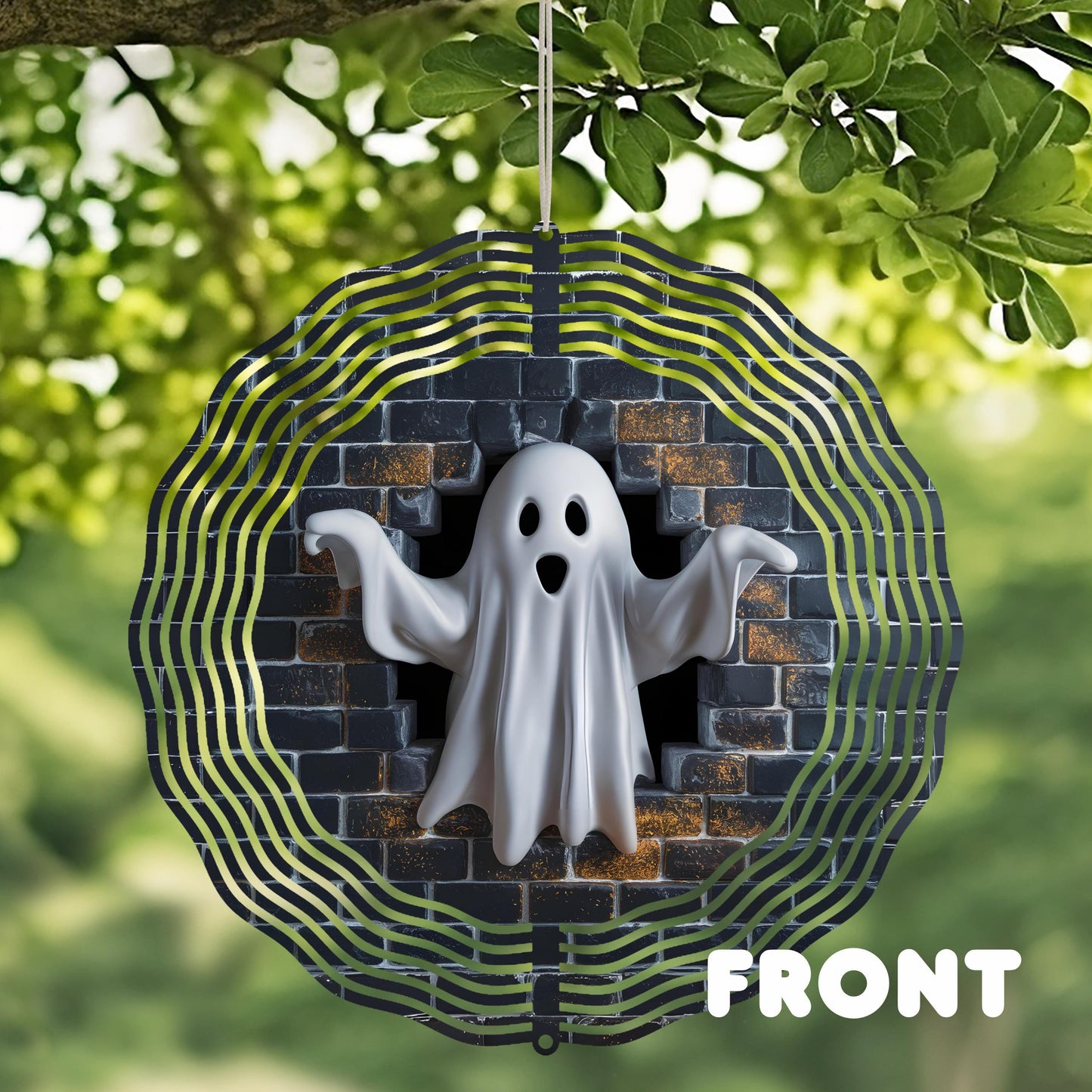 10x10 Inch Ghost Wind Spinner - 3D Double-Sided Aluminum Garden Art with Brick Wall Scene UV Coated for IndoorOutdoor Decor