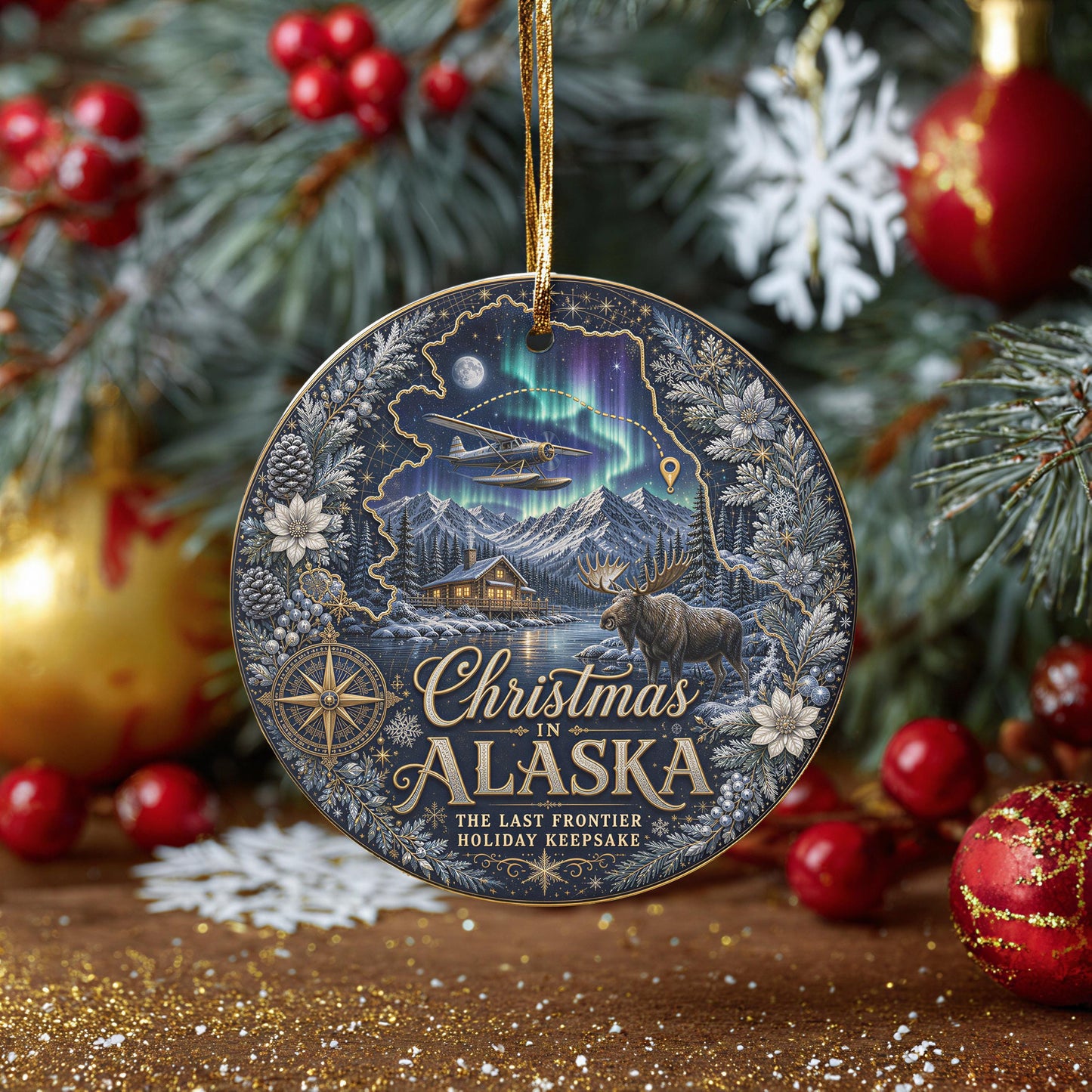 Alaska Ornament - Northern Lights Moose Cabin, 3 Inch Ceramic Tree