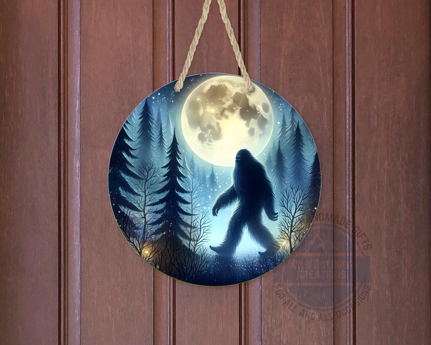 Bigfoot Door Hanger - Aluminum Round Porch Sign With Moonlit Forest Decor