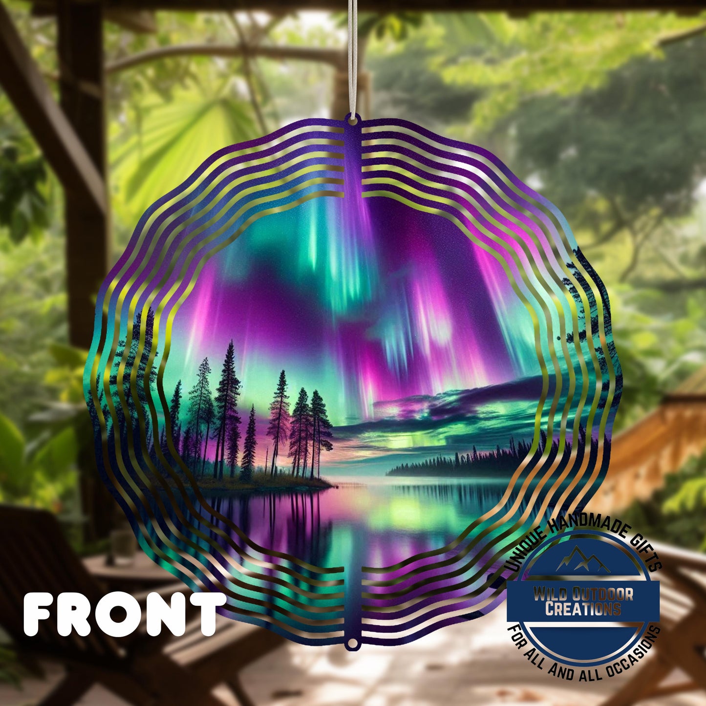 Northern Lights Wind Spinner - 10 Inch Double Sided Lake Scene Garden Decor