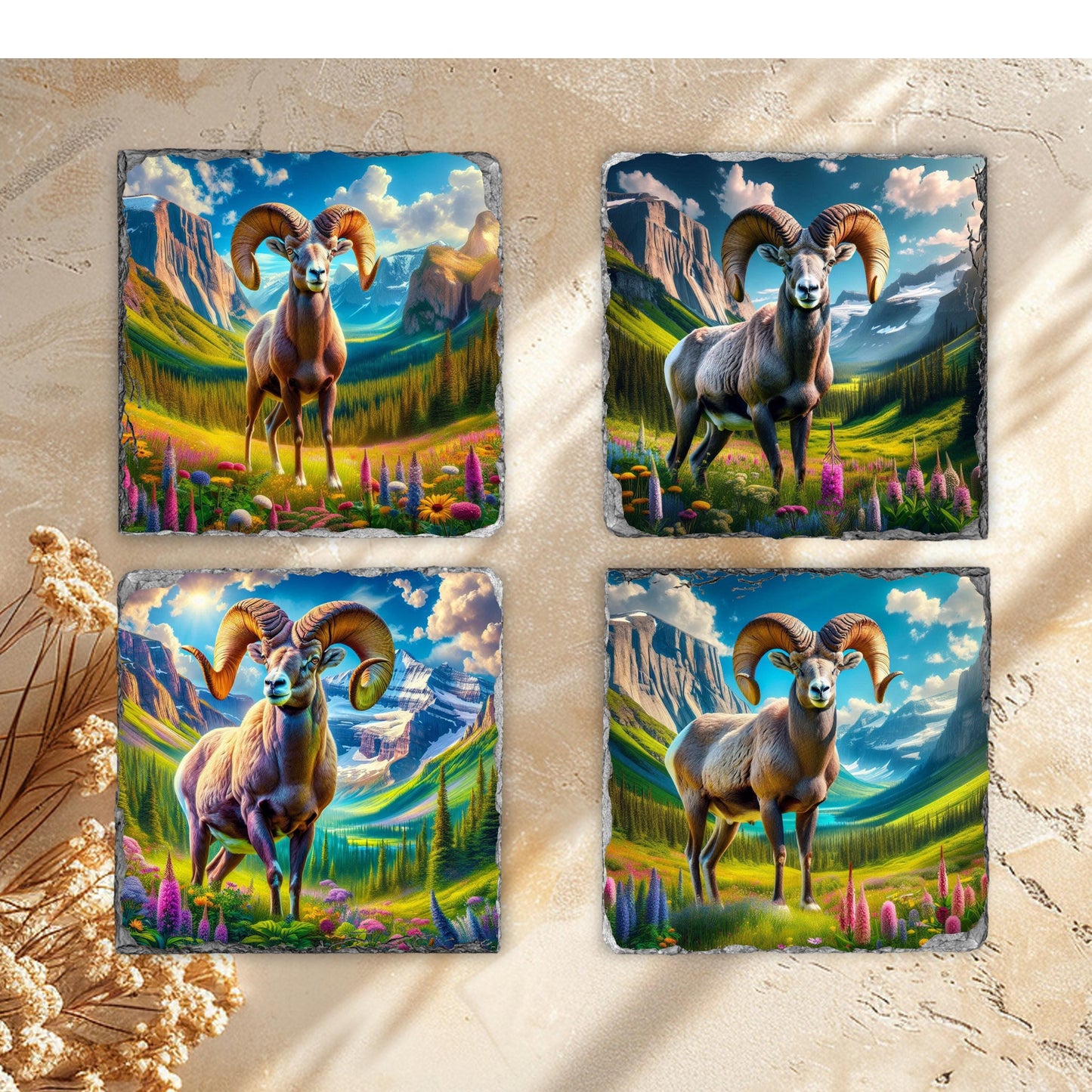 Slate Coaster Set Featuring Big Horn Sheep Mountain Valley and Wildflowers with Black Rack - Ideal Nature Gift