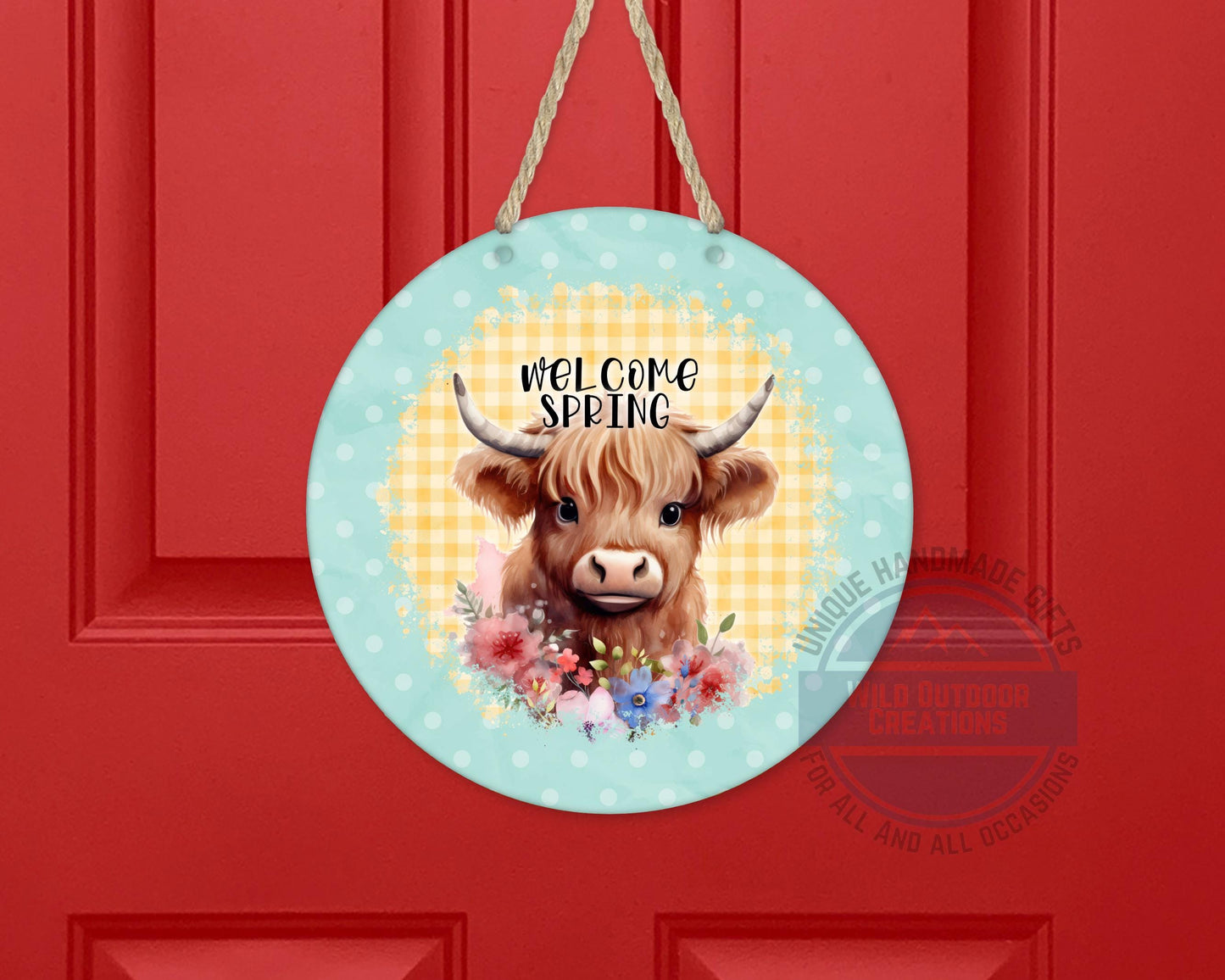 Welcome Spring Sign - Highland Cow Decor | Round Aluminum Front Porch Sign