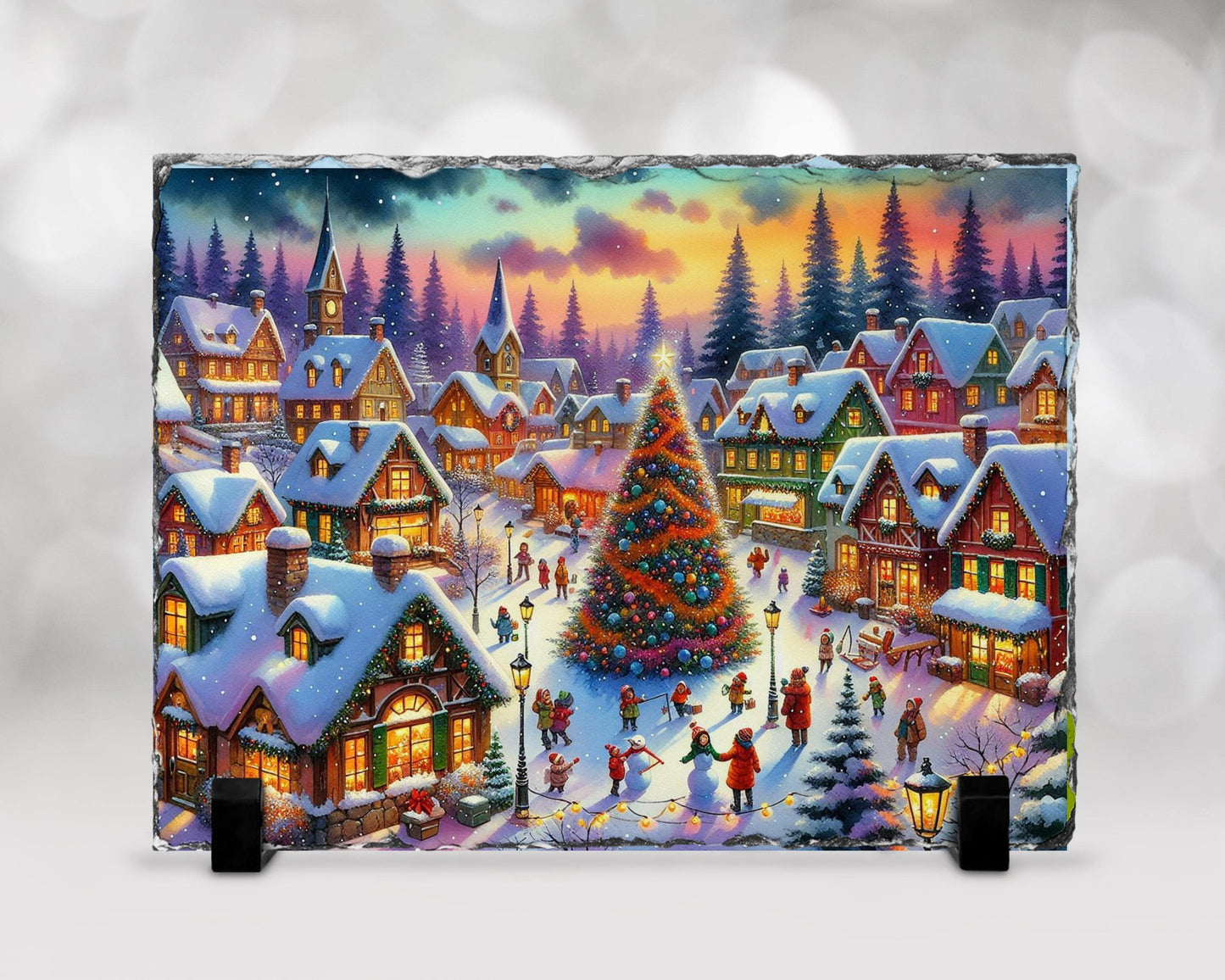 Vintage Christmas Village Slate with Winter Scene and Tree Children  Rustic Holiday Gift