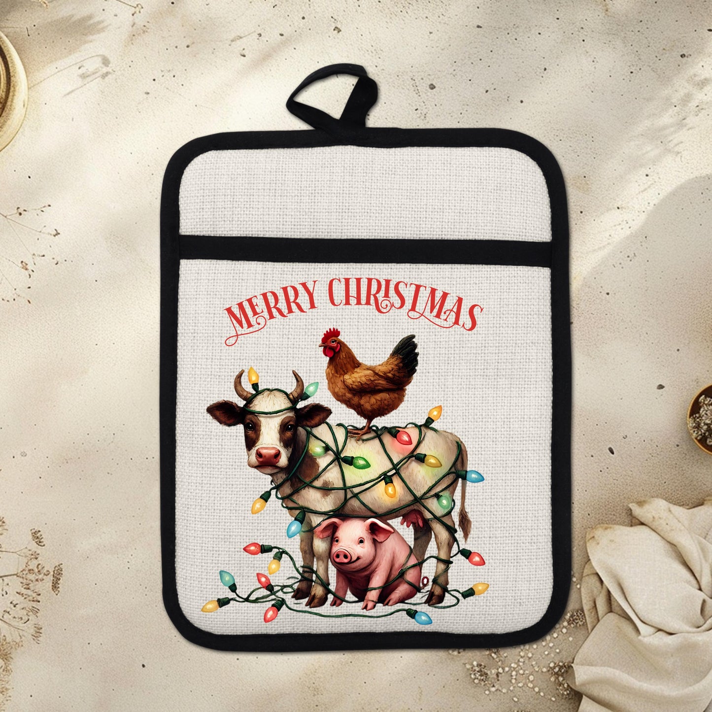 Funny Farm Animal Christmas Pot Holder - Cow Pig  Chicken Design Rustic Linen Hot Pad for Festive Kitchen Decor
