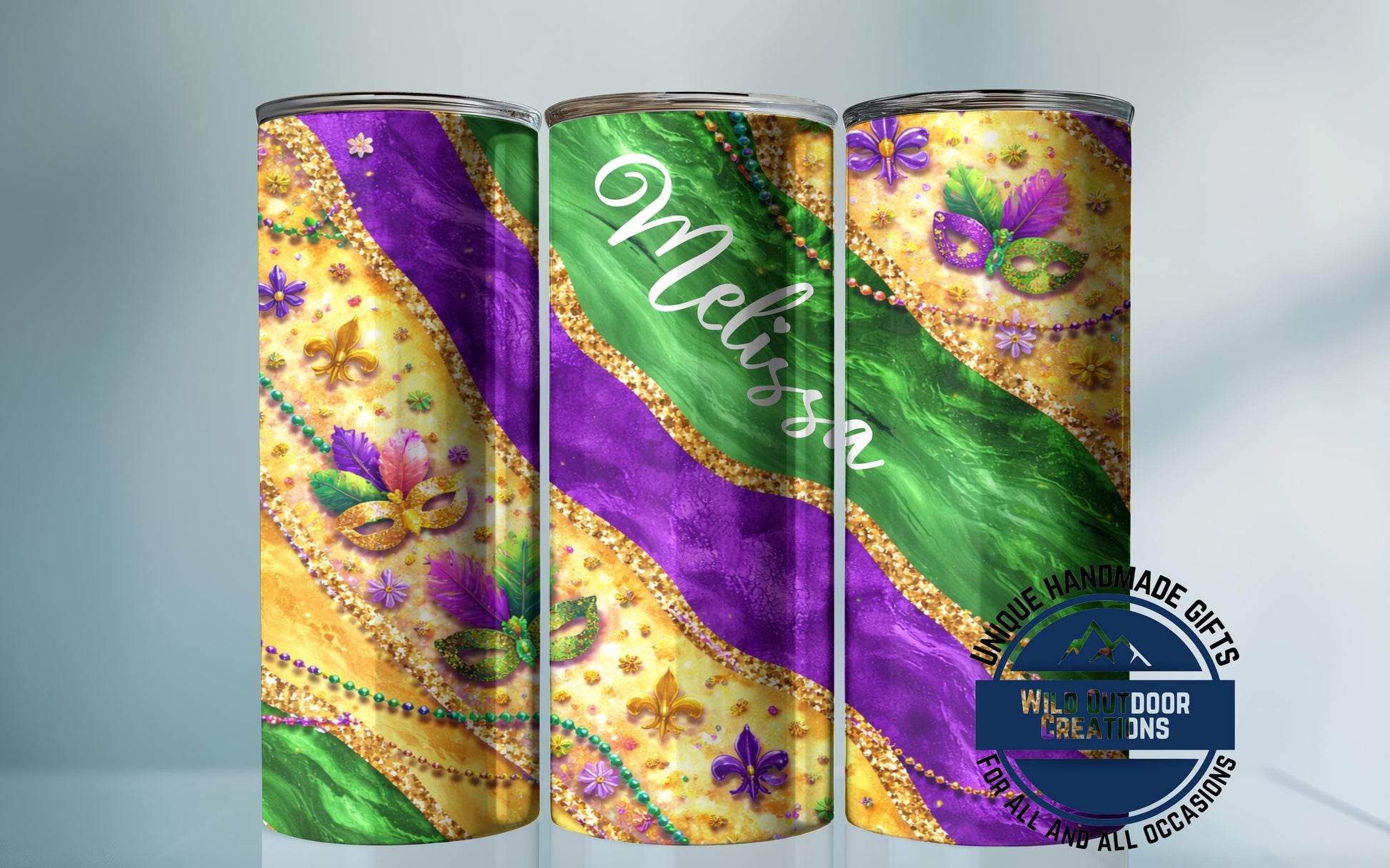 Custom Name Tumbler - Mardi Gras Mask Design | Glow in Dark Green Festival Cup - scale and size reference