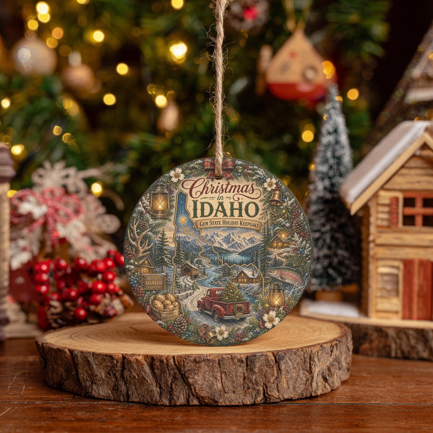 Idaho Ornament, Vintage Truck Ceramic Keepsake, Snowy Cabin Gift