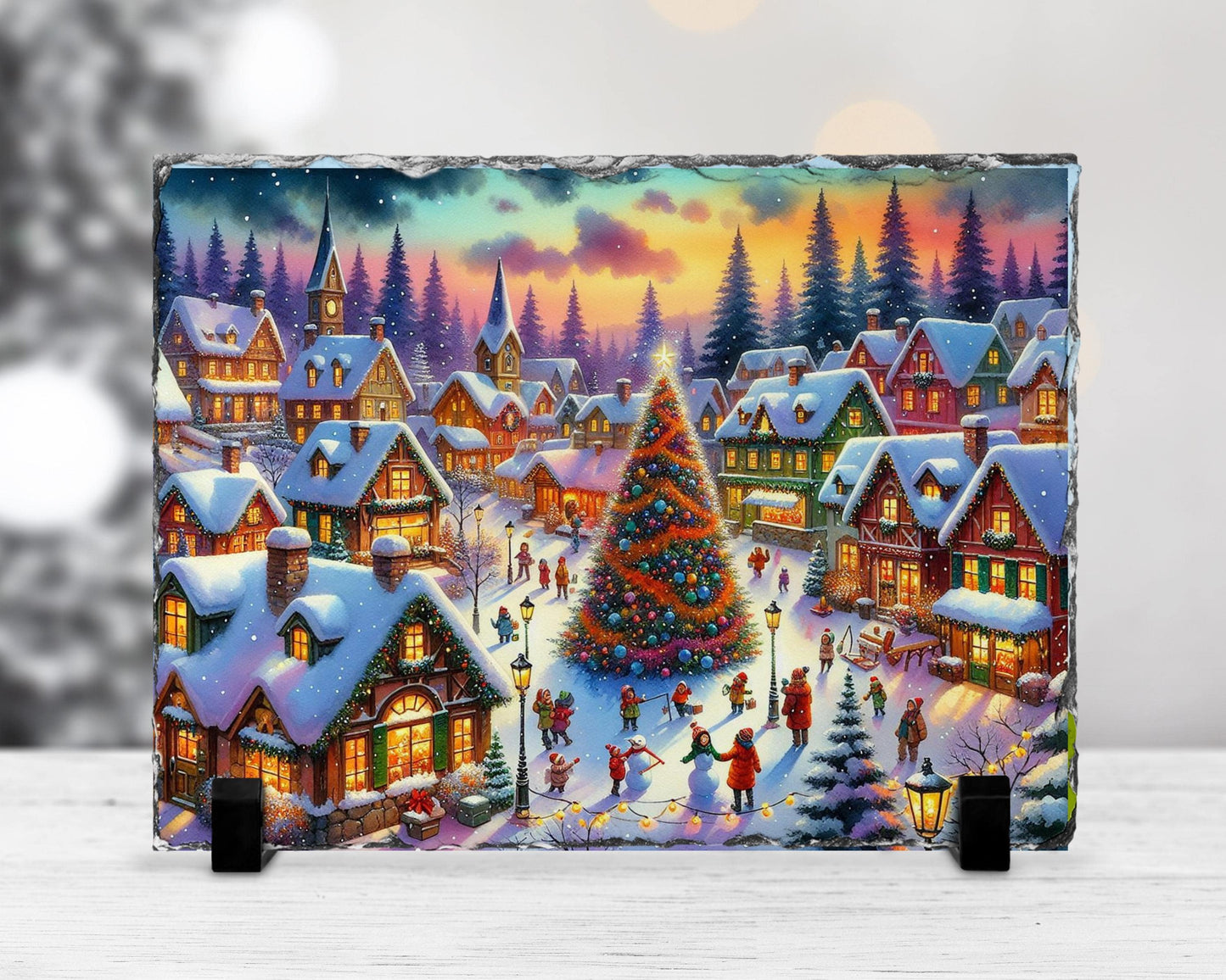 Vintage Christmas Village Slate with Winter Scene and Tree Children  Rustic Holiday Gift