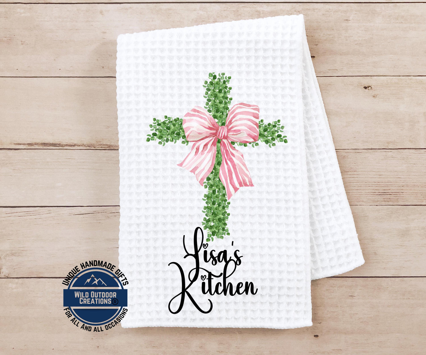 Personalized Kitchen Towel - Custom Name Cross Design with Pink Bow | Easter Gift - additional angle