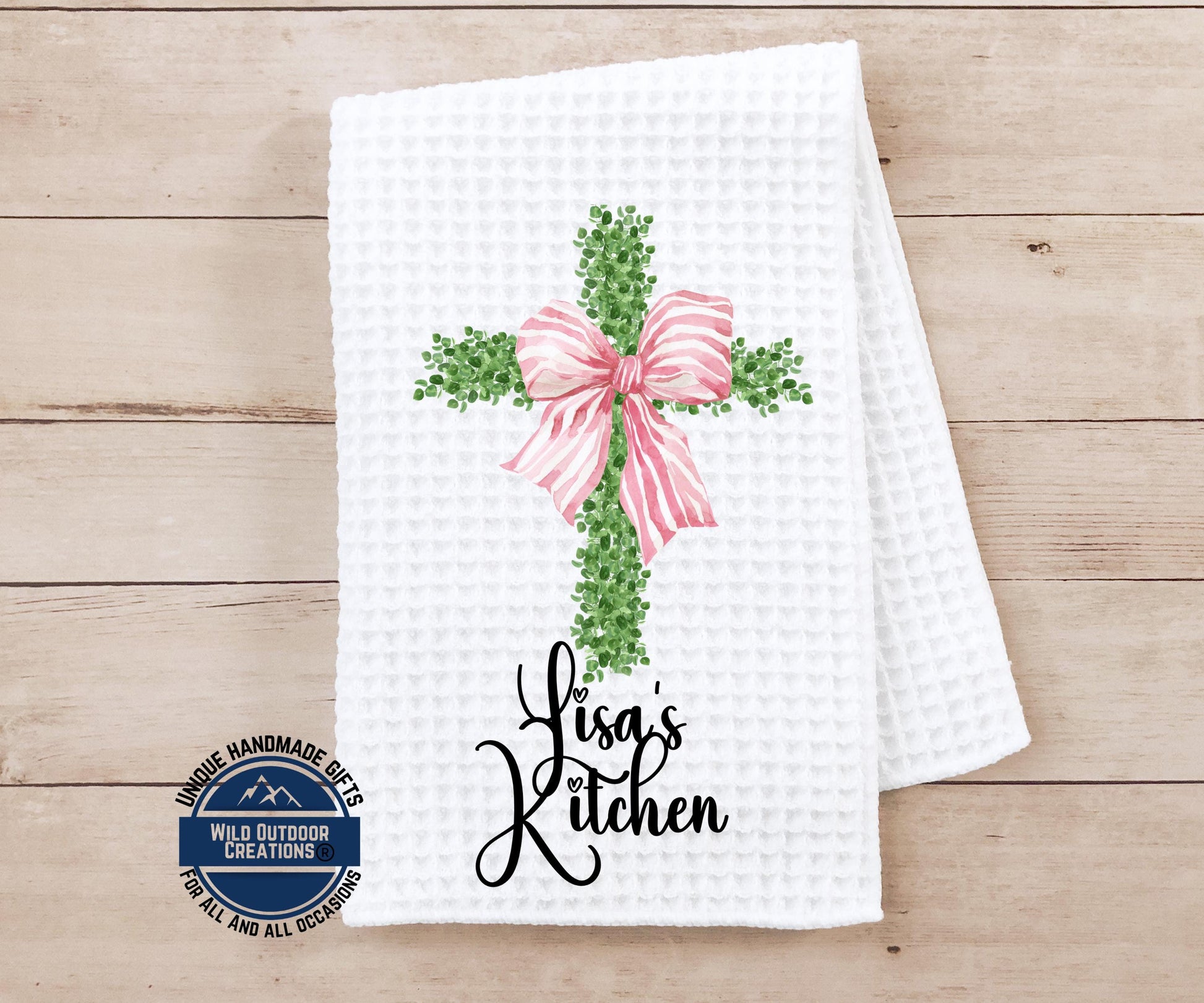 Personalized Kitchen Towel - Custom Name Cross Design with Pink Bow | Easter Gift - additional angle