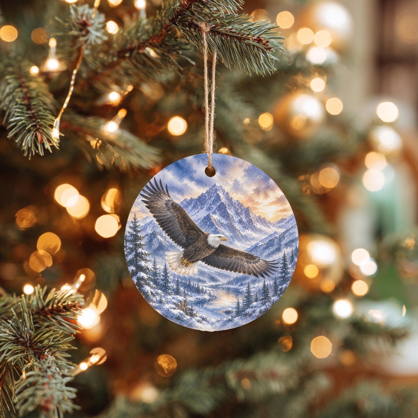 Bald Eagle Ornament, Watercolor Mountains, 3 Inch Ceramic Round