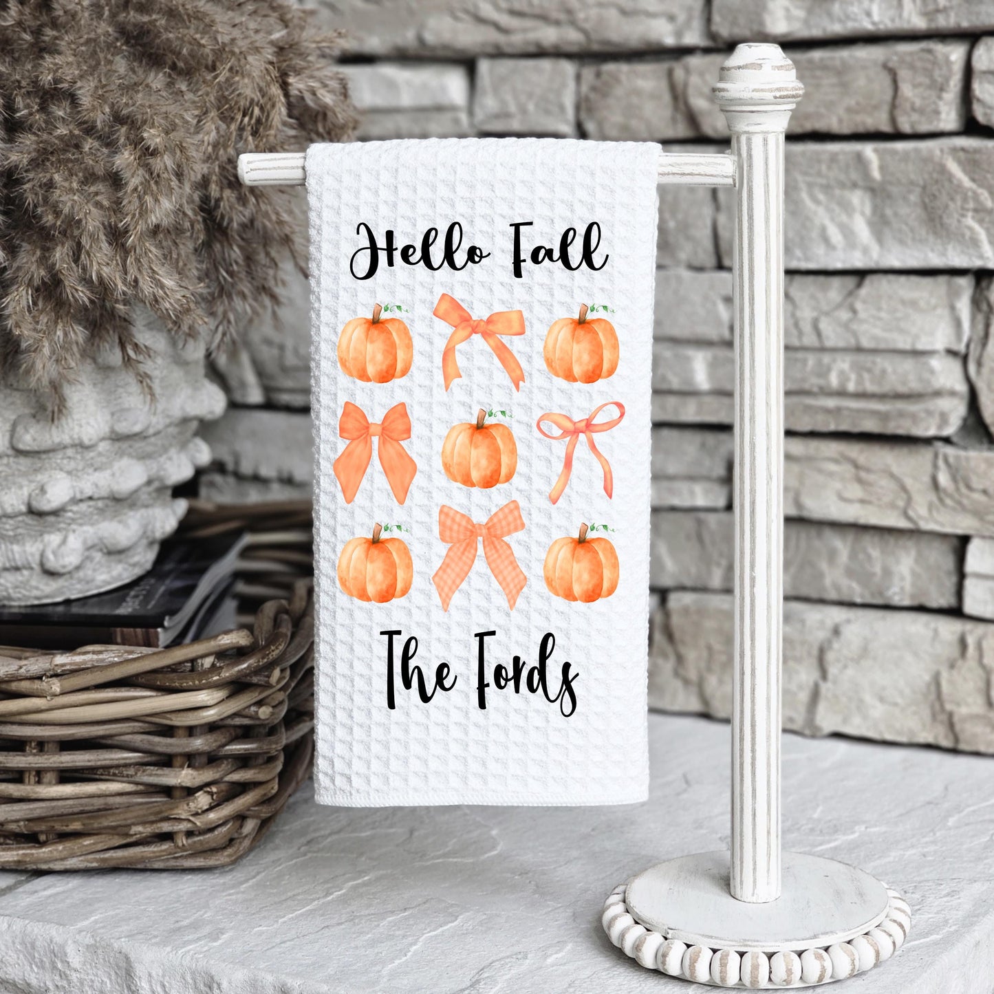 Personalized Hello Fall Waffle Weave Towel, Autumn Waffle Weave Towel, Unique Hostess Gift, Custom Kitchen Decor, Fall Theme Towel