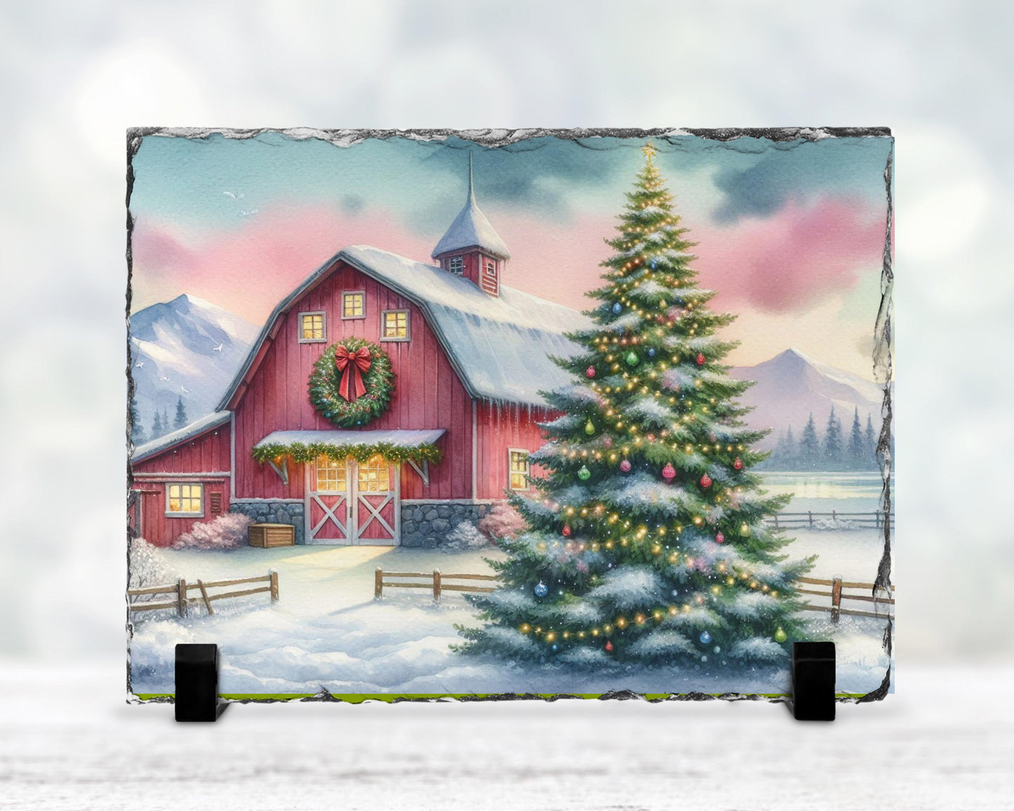 Watercolor Barn Slate - Snowy Mountain Christmas Decor