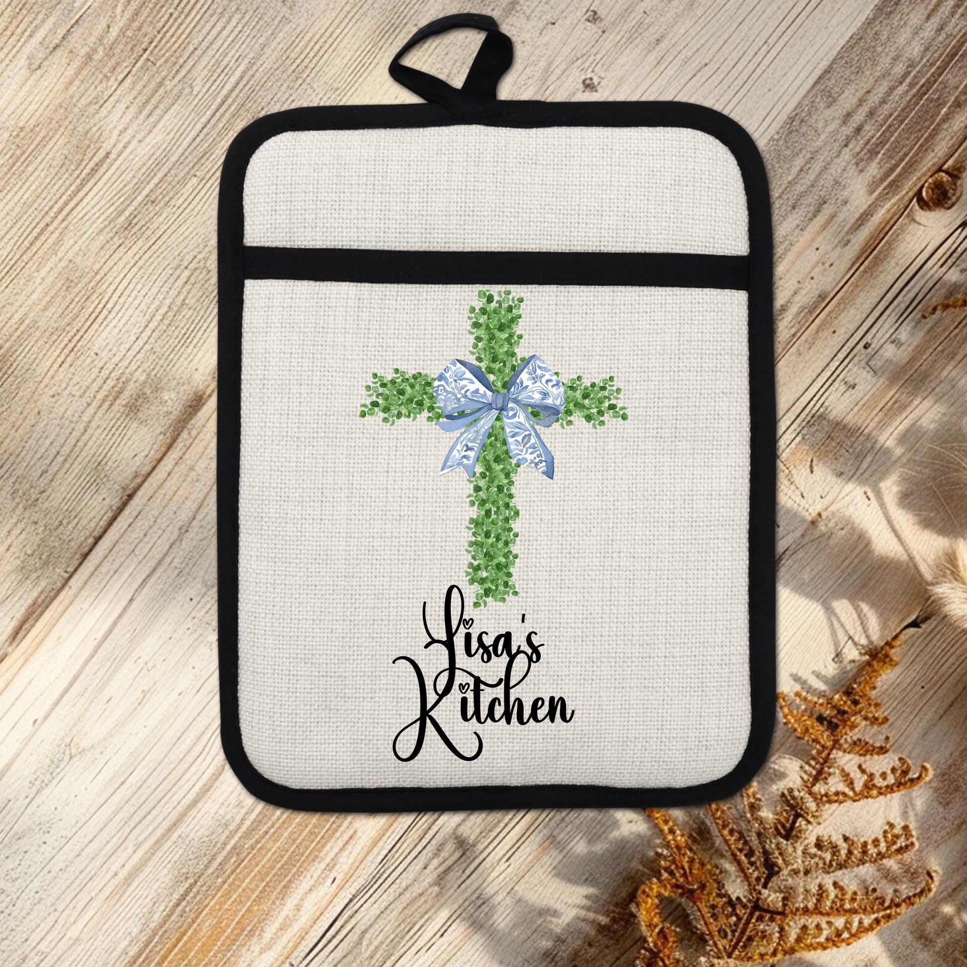 Personalized Christian Pot Holder - Custom Name Floral Cross Kitchen Gift - alternate view