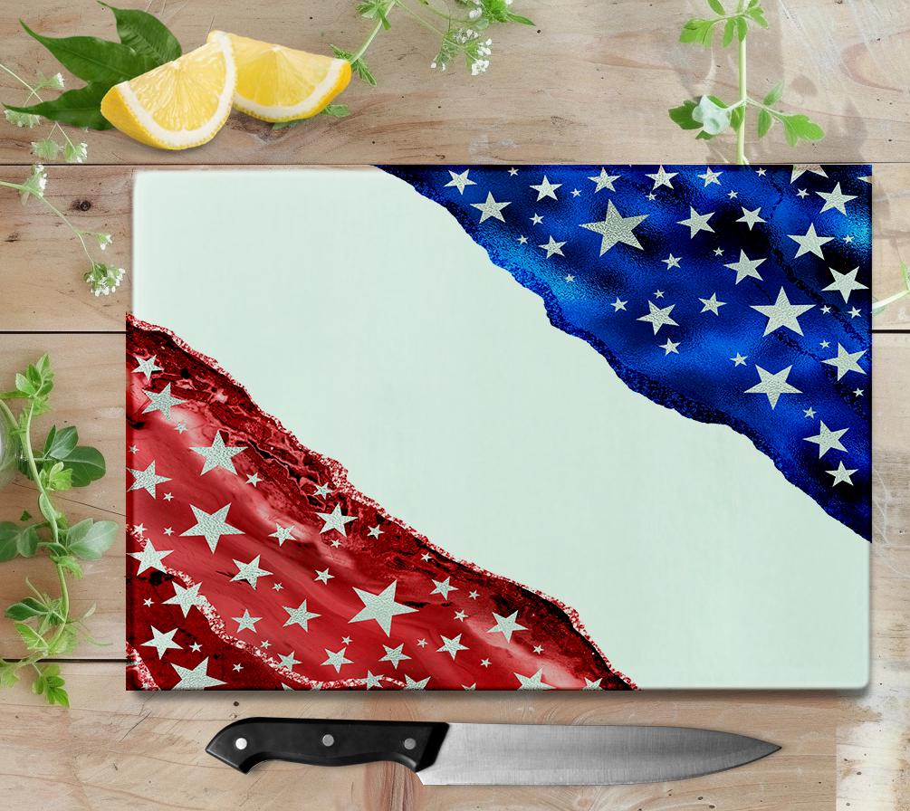 Patriotic Agate Tempered Glass Cutting Board, Red White Blue Kitchen Deco