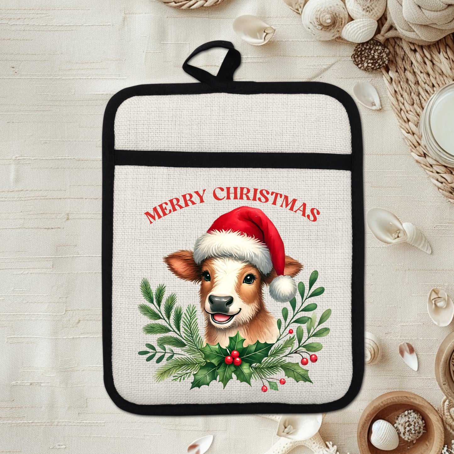 Christmas Cow Pot Holder with Santa Hat  Rustic Brown  White Farmhouse Kitchen Decor
